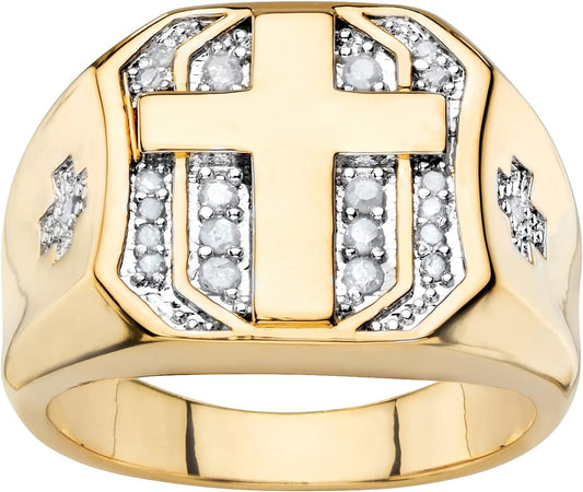 Men's Yellow Gold-plated Round Genuine Diamond Cross Ring (1/5 cttw, I Color, I3 Clarity) Sizes 8-16