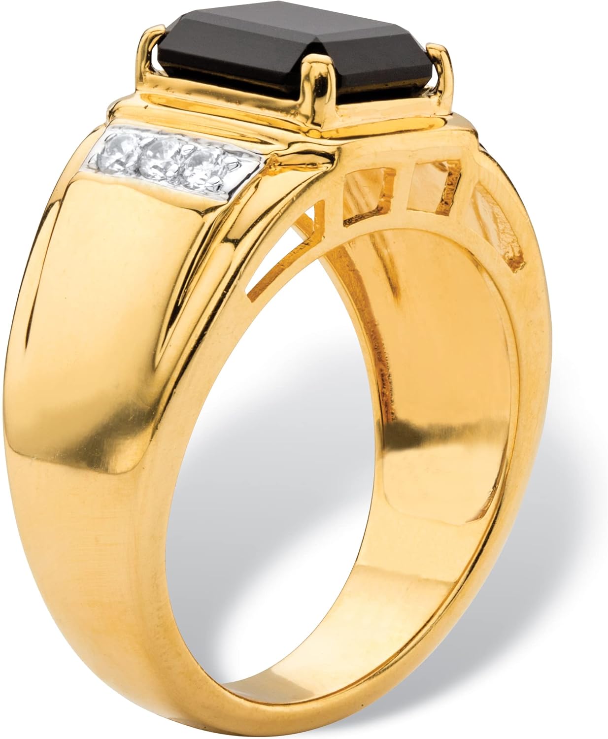 Men's 18K Gold-Plated Round Genuine Diamond and Emerald Cut Blue Sapphire, Red Garnet or Black Onyx Ring