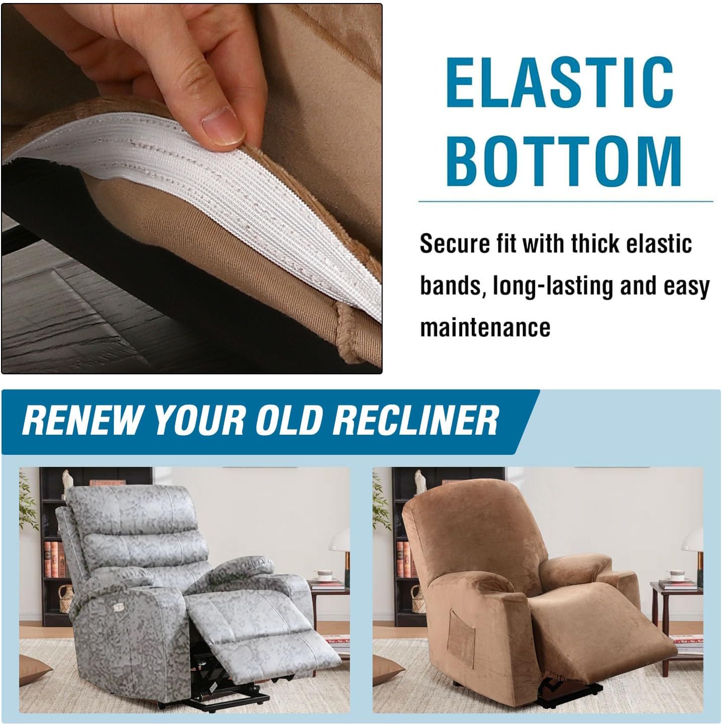 Rich Velvet Stretch Recliner Slipcovers 1 Piece Electric Power Lift Recliner Chair Cover Fitted Standard Large Power Lift Recliner with Side Pocket, Soft and Thick (Single Seat, Camel)