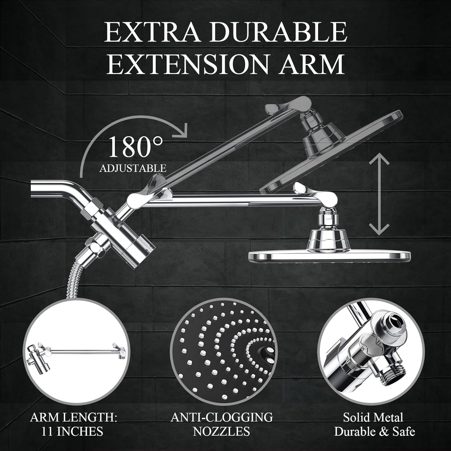 High Pressure Rain Shower Head Combo with Extension Arm- Wide Showerhead with 6 Handheld Water Spray - Adjustable Dual Shower with Anti-Clog Nozzles - Silver Chrome