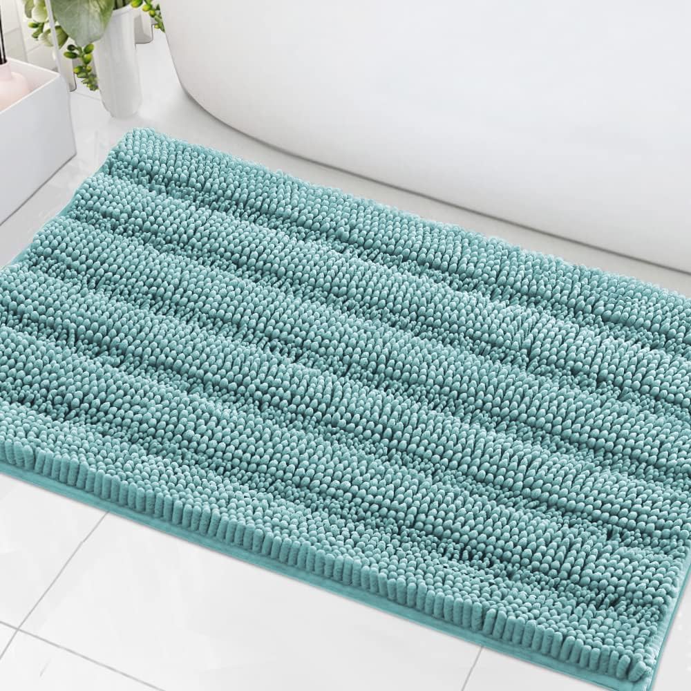 Black Bathroom Rug Set Extra Thick Striped Bath Mats for Bathroom Floor 2 Piece, Anti-Slip Bath Mat Set Soft Plush Chenille Shower Rugs for Bathroom Waterproof (20" x 32"/17" x 24")