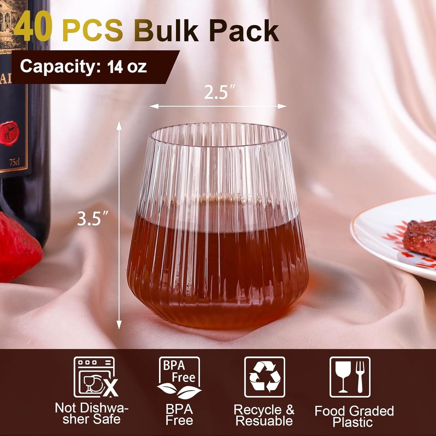 40 Pack Plastic Ribbed Wine Glasses, 14Oz Origami Disposable Wine Glasses Unbreakable Clear Plastic Cocktail Glasses Recyclable Shatterproof Reusable Plastic Wine Cups (14oz 40pack)