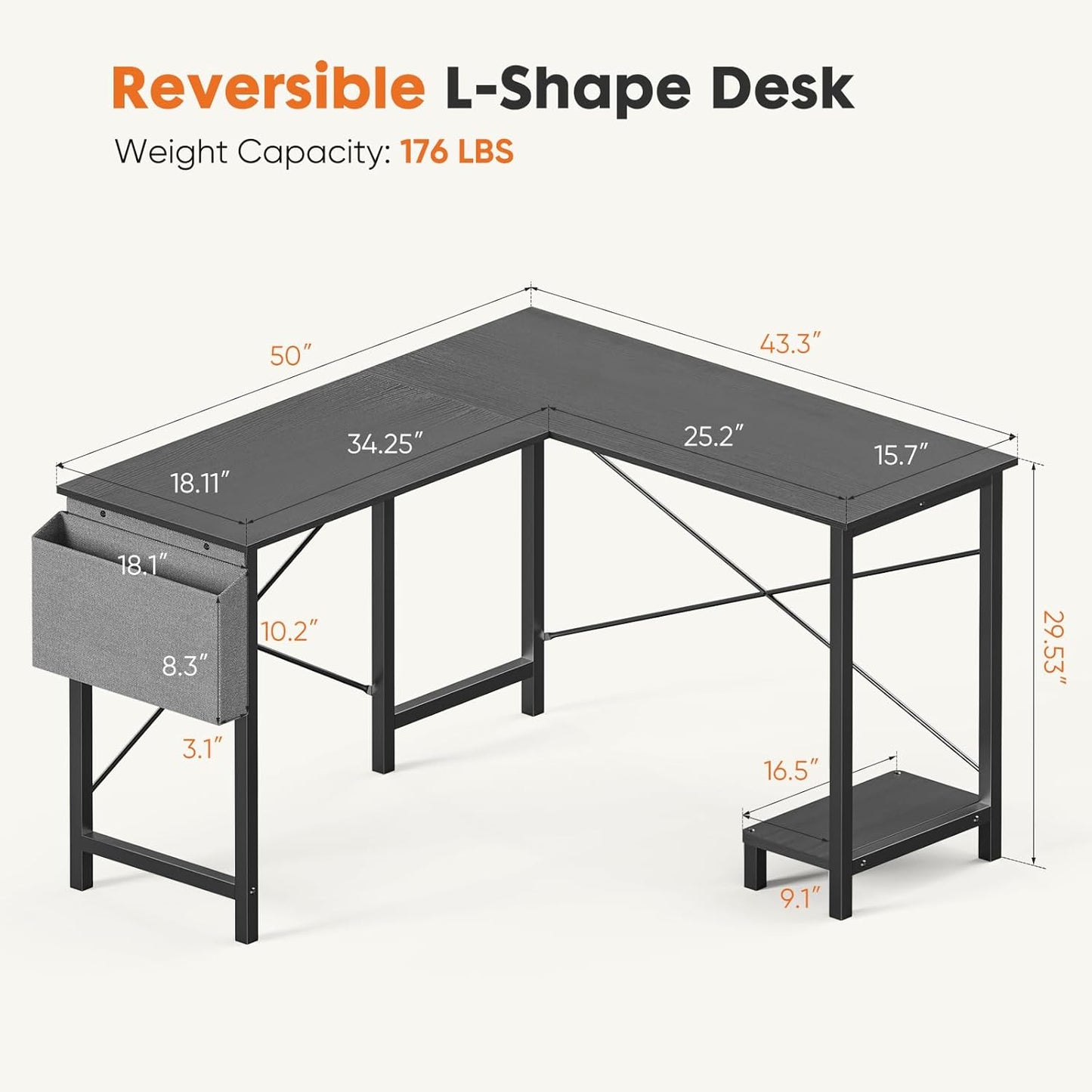 L Shaped Desk - Computer Desk Corner Desks Gaming Desk PC Table with CPU Stand Side Bag for Home Office Dorm Sturdy Writing Workstation, Black, 50-Inch