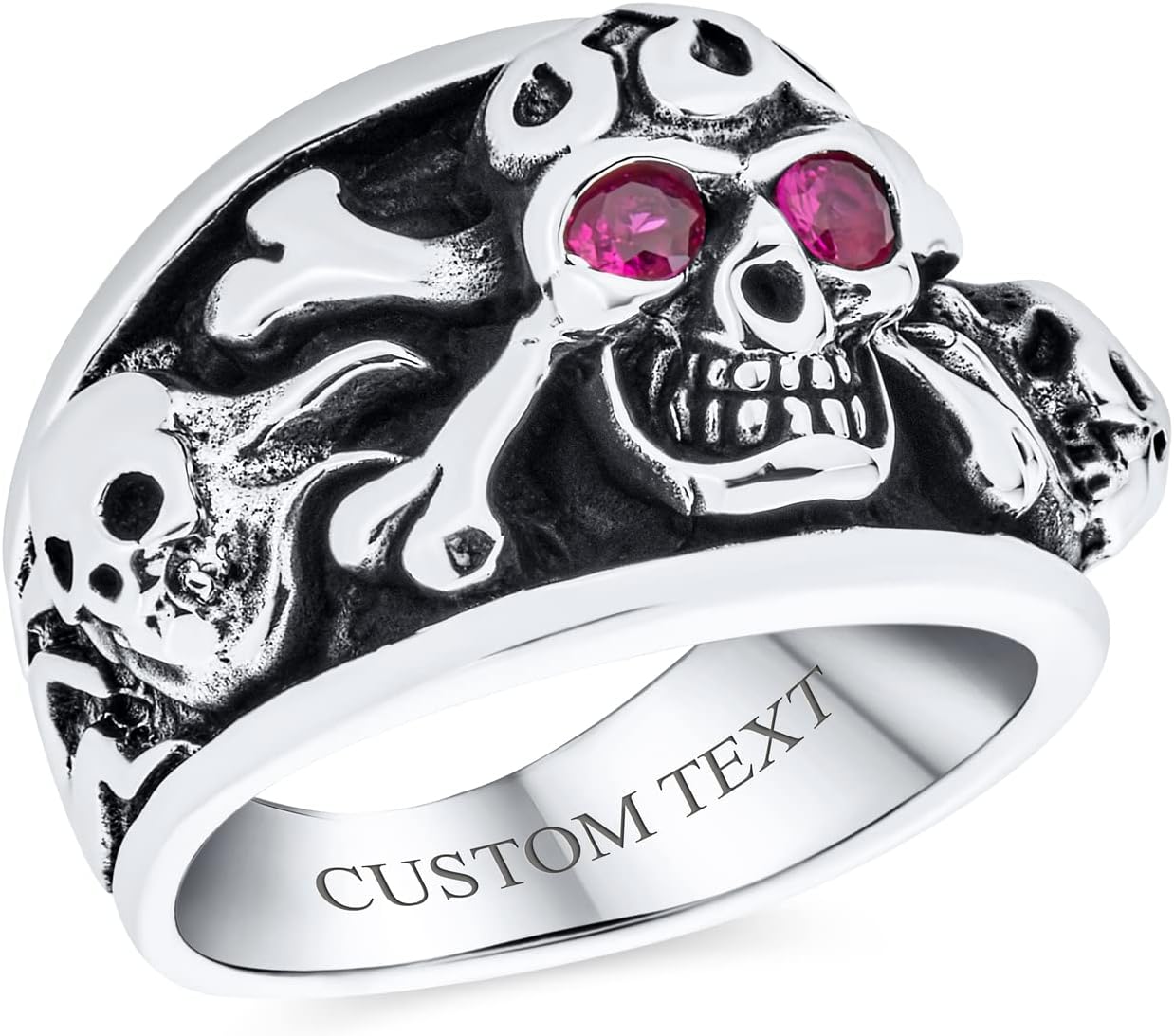 Personalize Large Mens Punk Rocker Biker Jewelry Halloween Devil Demon Gothic Caribbean Pirate Day Of Dead Simulated Red Ruby CZ Eyes Skull Head Signet Ring For Men Oxidized .925 Sterling Silver