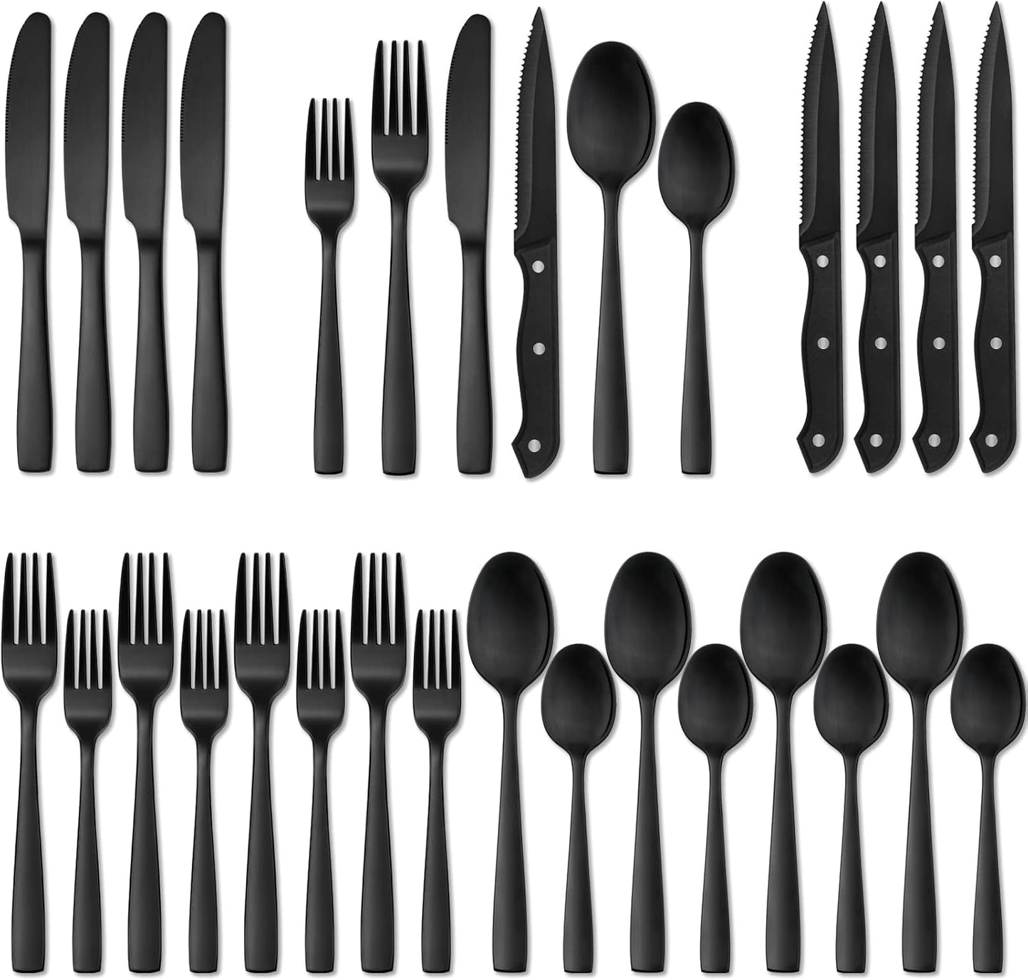48-Piece Matte Black Silverware Set with Steak Knives, Black Flatware Set for 8, Stainless Steel Tableware Cutlery Set, Utensil Sets for Kitchen