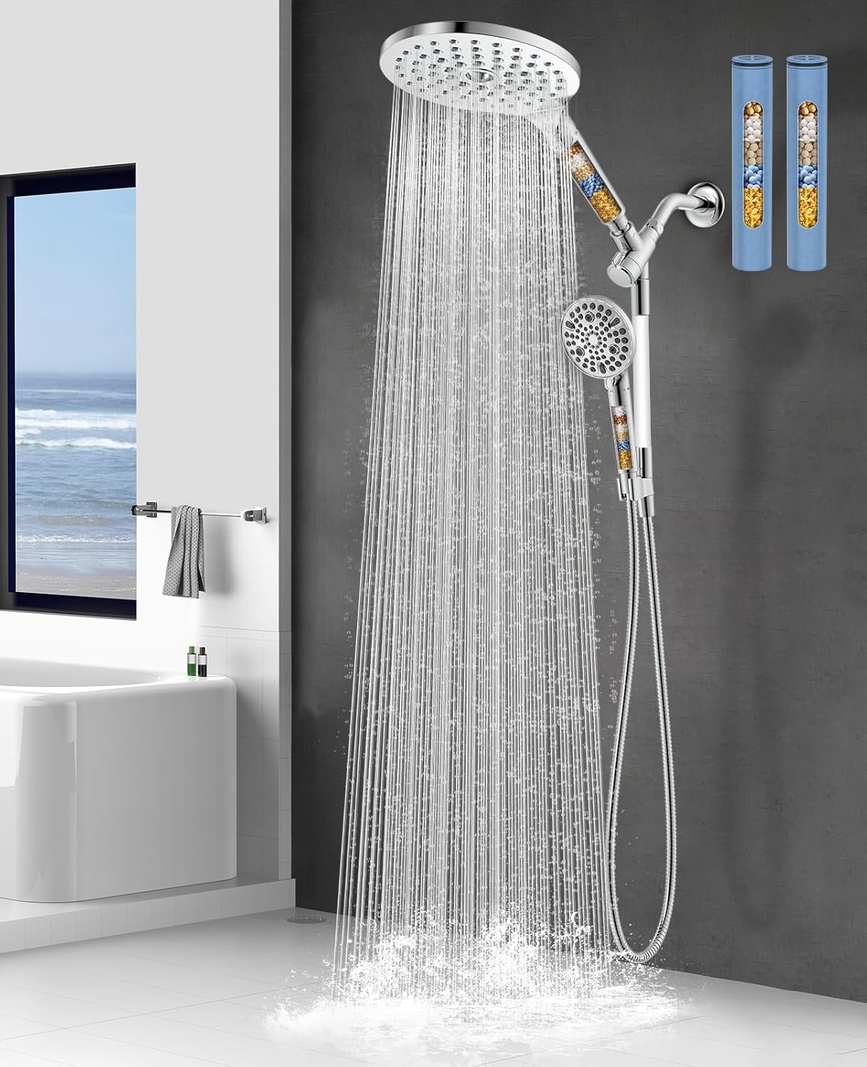 Dual Handheld Shower Head Combo, 2-in-1 Rain Shower Heads System 8 Inch Rainfall Shower Head and 10 Modes High Pressure Hand Held Showerhead with Built-in Power Wash