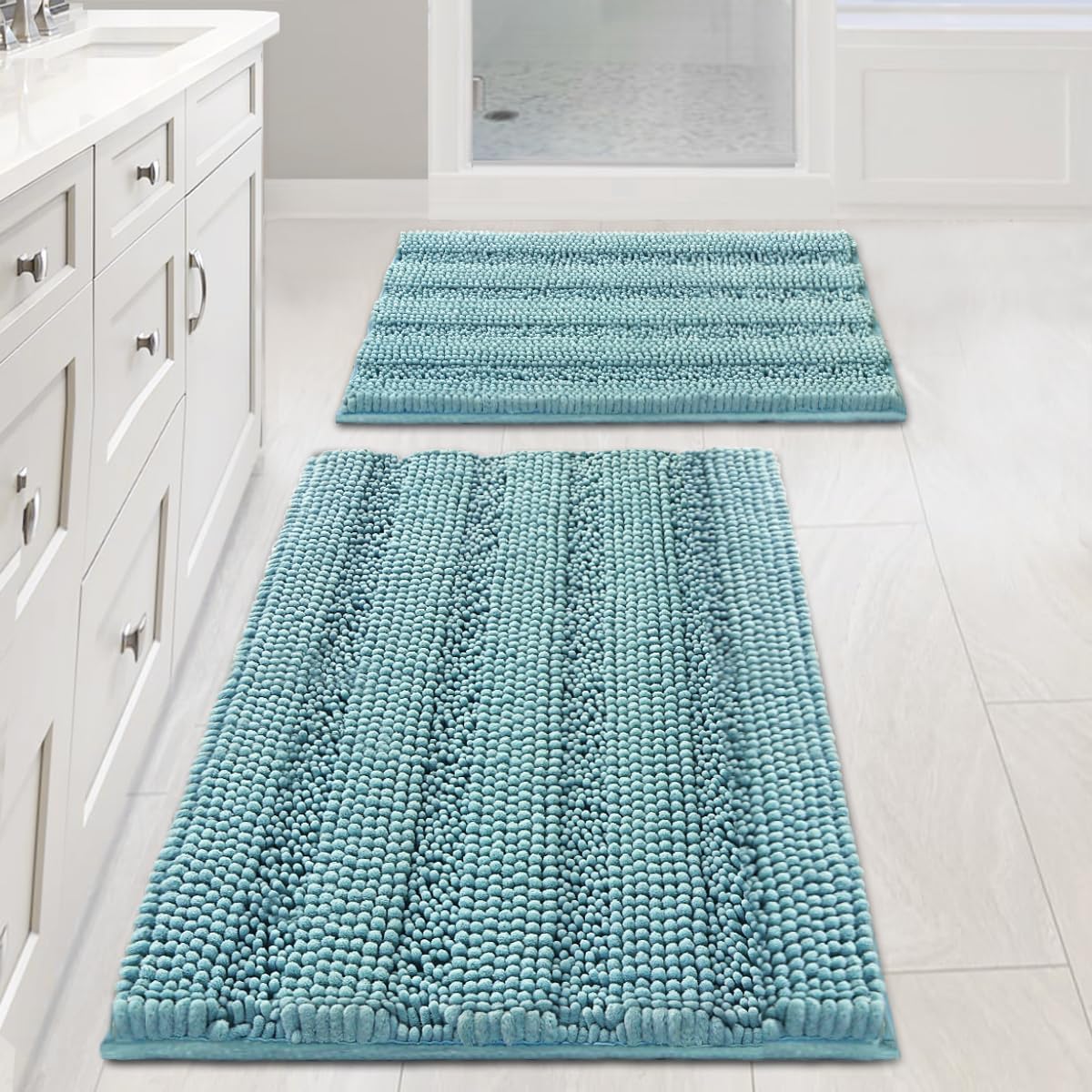 Black Bathroom Rug Set Extra Thick Striped Bath Mats for Bathroom Floor 2 Piece, Anti-Slip Bath Mat Set Soft Plush Chenille Shower Rugs for Bathroom Waterproof (20" x 32"/17" x 24")