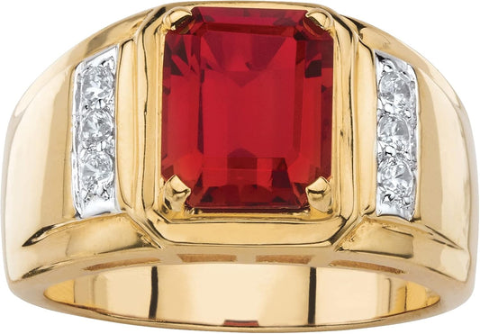 Men's 18K Gold-Plated Round Genuine Diamond and Emerald Cut Blue Sapphire, Red Garnet or Black Onyx Ring