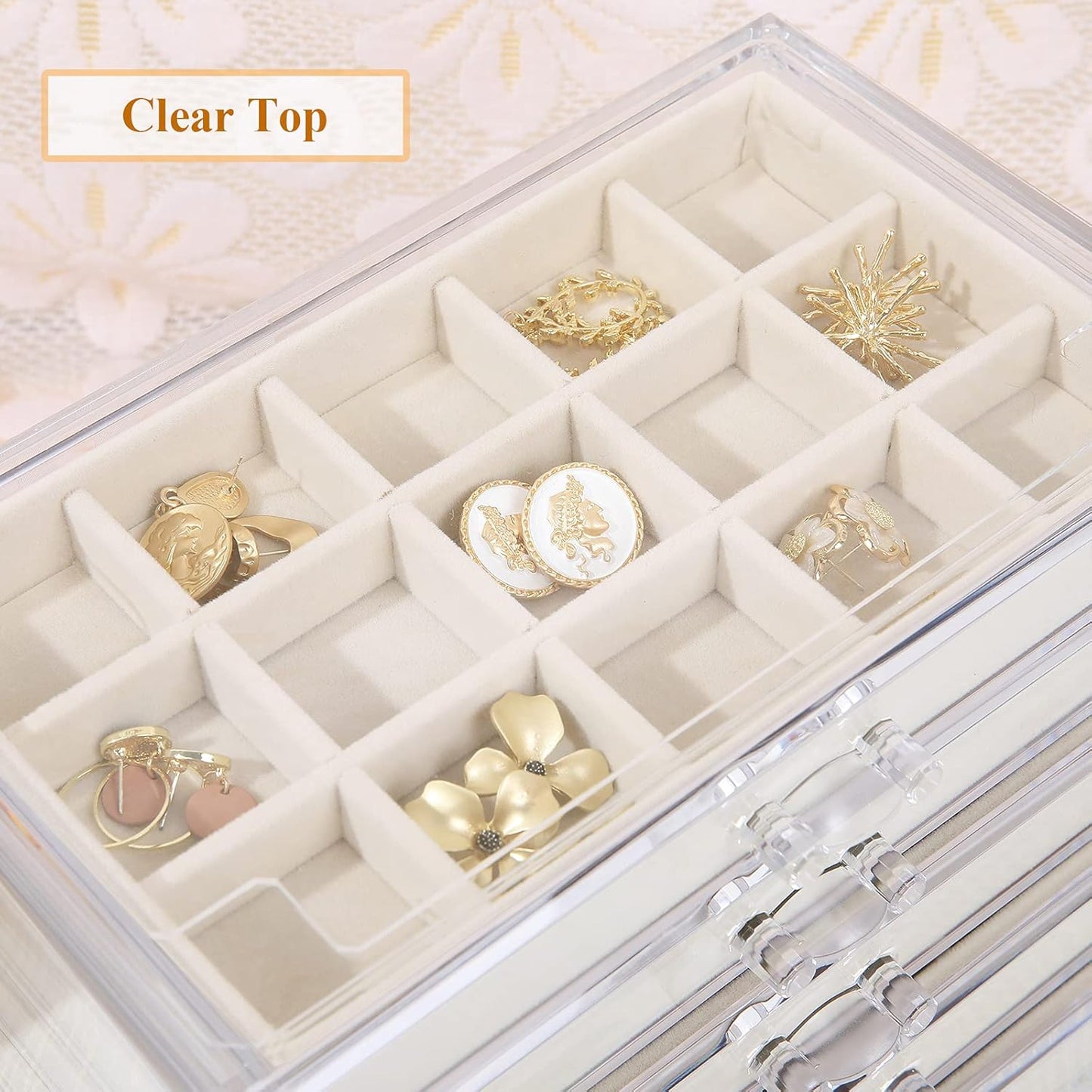 Earring Jewelry Organizer with 5 Drawers, Birthday Present, Clear Acrylic Jewelry Box for Women, Velvet Earring Display Holder for Earrings Ring Bracelet Necklace, Cream