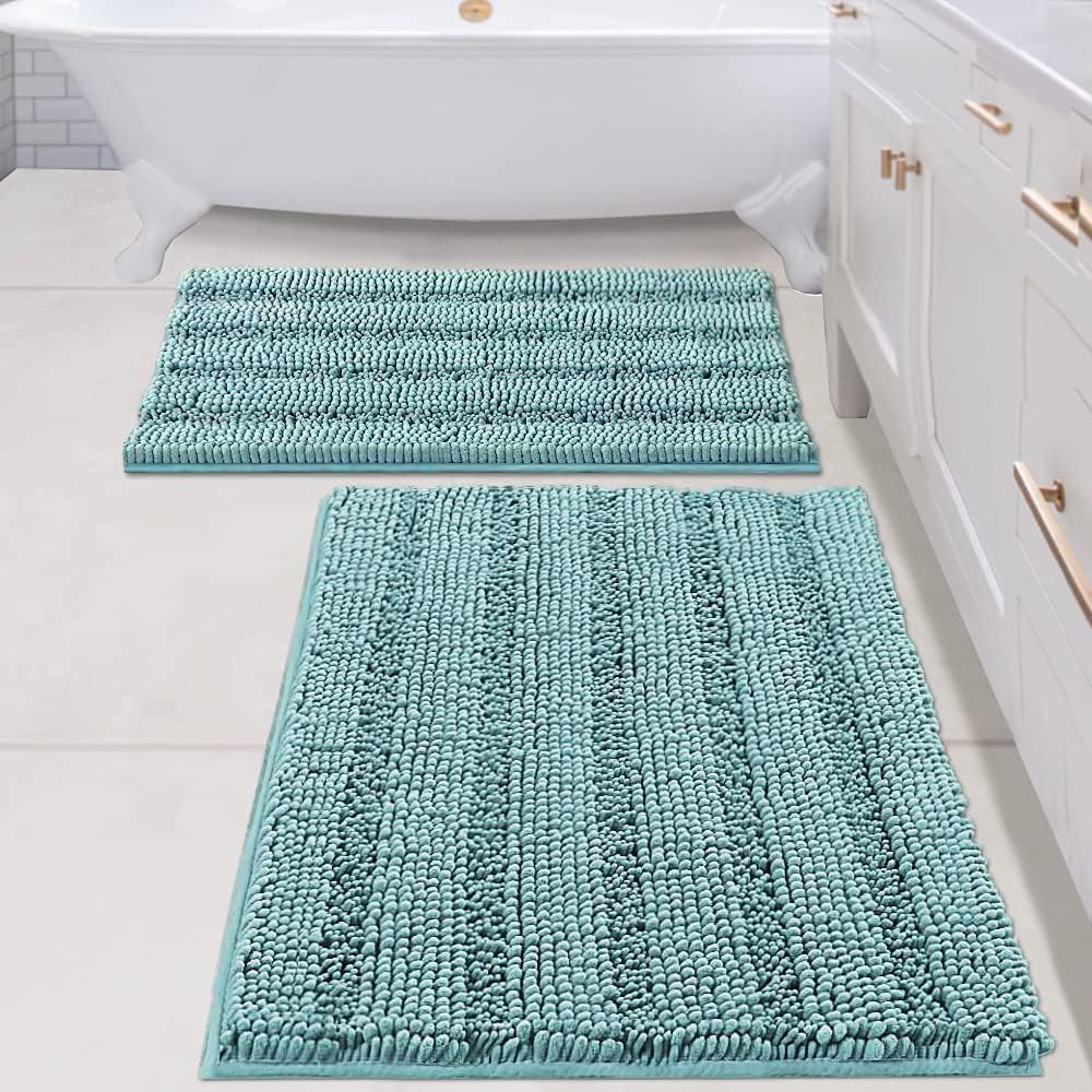 Black Bathroom Rug Set Extra Thick Striped Bath Mats for Bathroom Floor 2 Piece, Anti-Slip Bath Mat Set Soft Plush Chenille Shower Rugs for Bathroom Waterproof (20" x 32"/17" x 24")