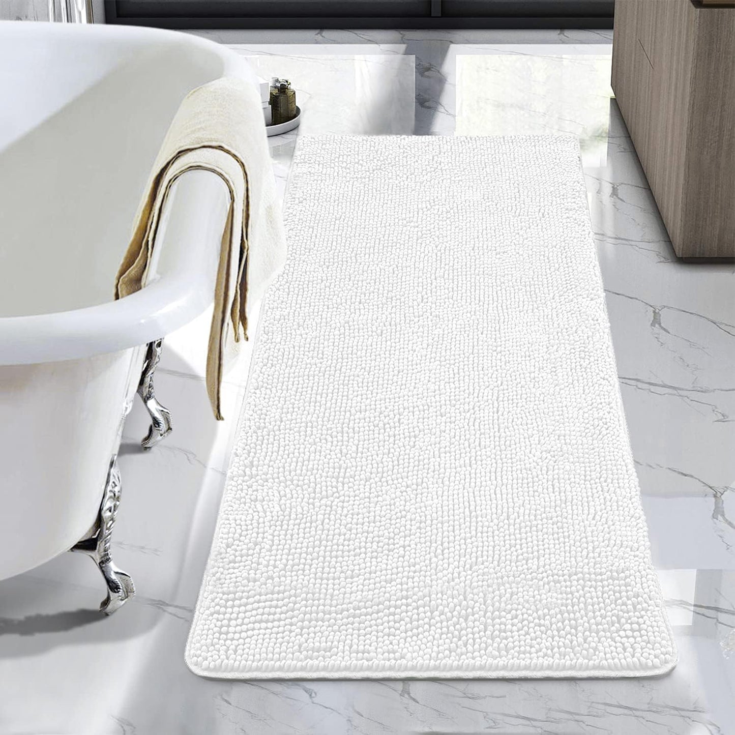 Luxury Bathroom Rug Shaggy Bath Mat 24 x 60 Inch, Washable Non Slip Bath Rugs for Bathroom Shower, Soft Plush Chenille Absorbent Carpets Mats, Black
