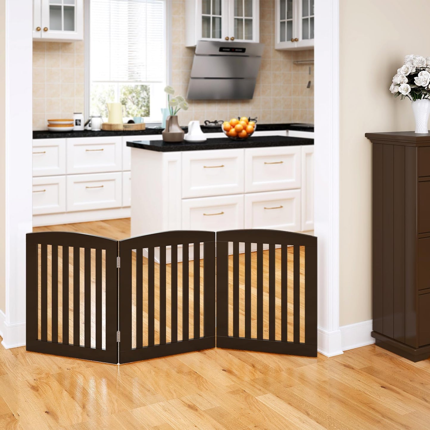 Wooden Freestanding Foldable Pet Gate for Dogs, 24 inch 4 Panels Step Over Fence, Dog Gate for The House, Doorway, Stairs, Extra Wide (White, 24" Height-4 Panels)