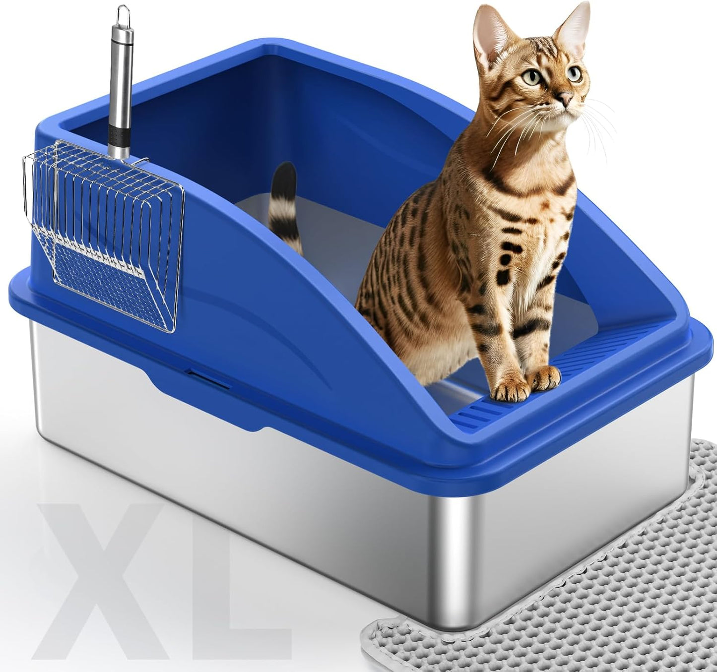 Stainless Steel Cat Litter Box, Extra Large Litter Boxes for Big Cats, Anti-Urine Leakage XL Litter Box with High Sides, Xlarge Metal Litter Box with Lid, Easy Clean, Non-Sticky, Cat Mat & Metal Scoop