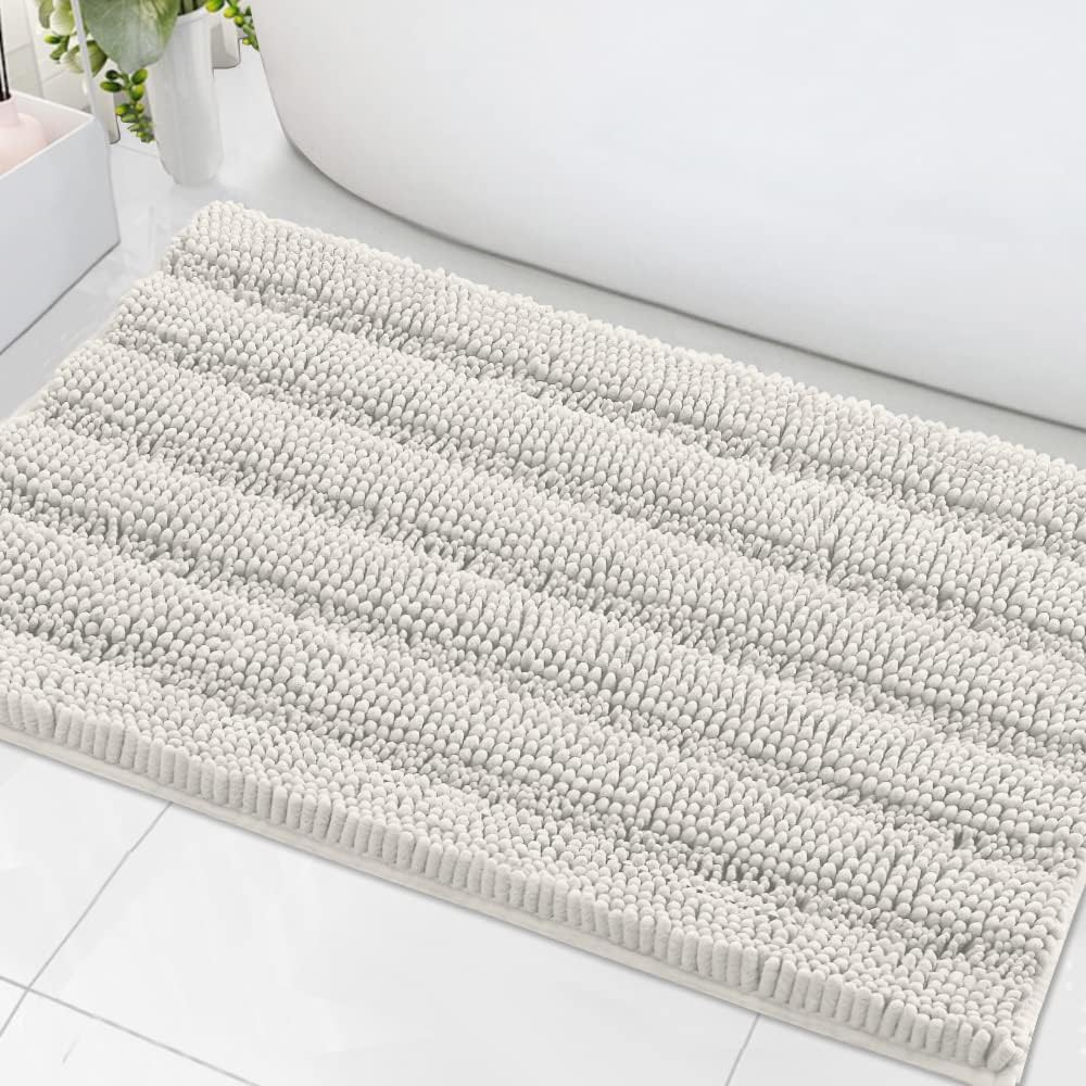 Black Bathroom Rug Set Extra Thick Striped Bath Mats for Bathroom Floor 2 Piece, Anti-Slip Bath Mat Set Soft Plush Chenille Shower Rugs for Bathroom Waterproof (20" x 32"/17" x 24")