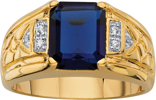 Men's Yellow Gold-Plated Emerald Cut Created Blue Sapphire and Diamond Accent Ring Sizes 8-13