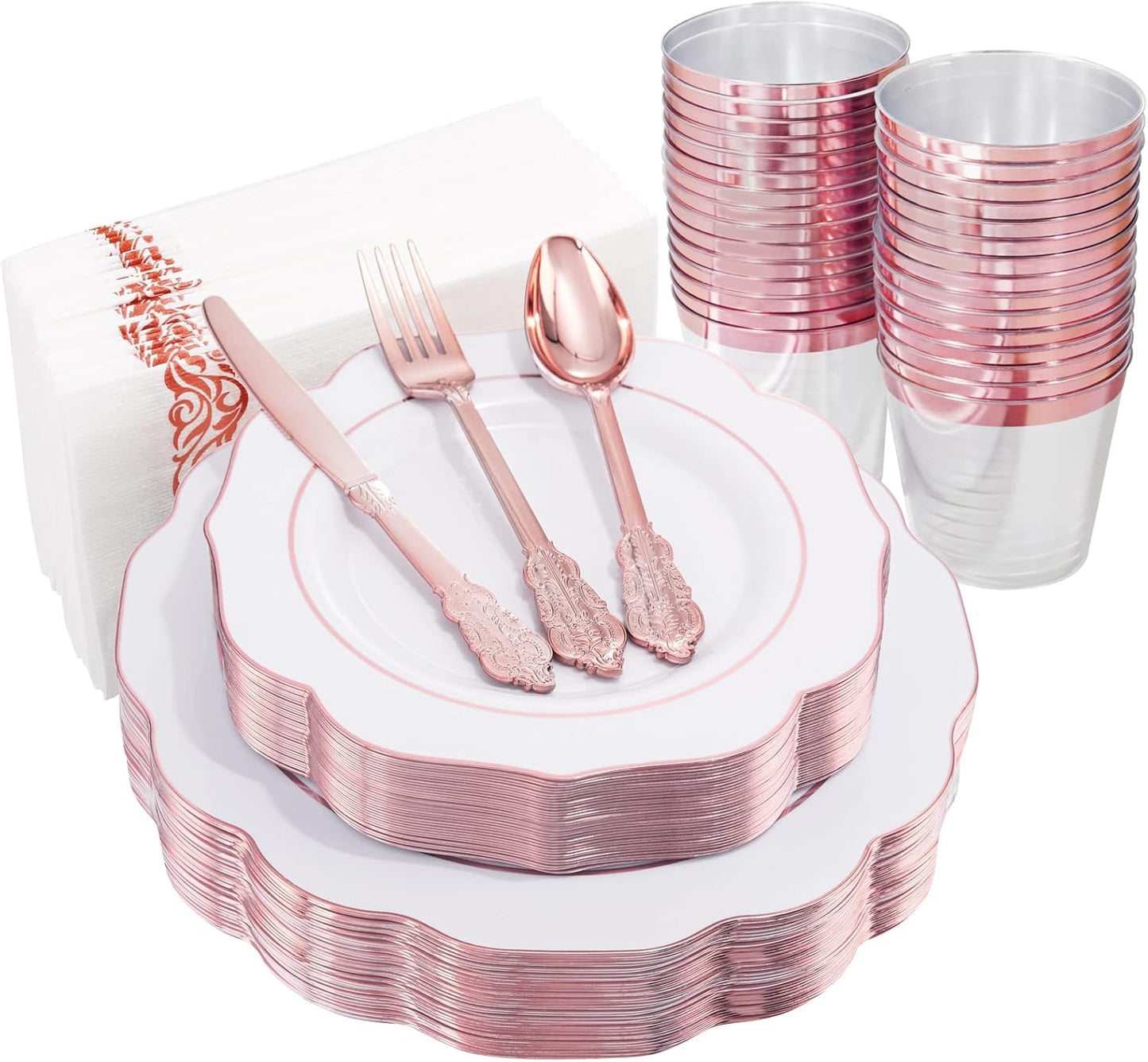 175PCS Pink Plastic Plates - Pink Plates with Gold Disposable Silverware - Include 50 Plates,25 Knives,25 Forks,25 Spoons,25 Cups and 25 Napkins - Ideal for Wedding & Party