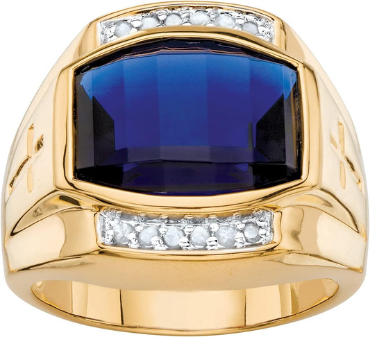 Men's 18K Yellow Gold Plated Emerald Cut Created Red Ruby or Blue Sapphire and Diamond Accent Ring