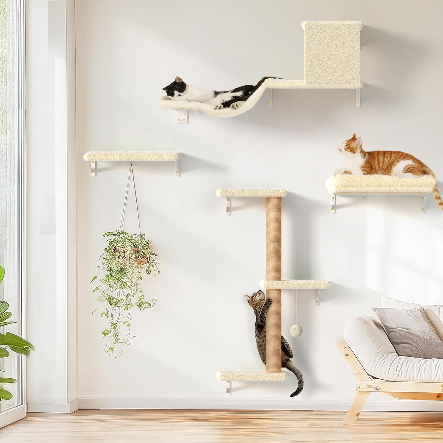 Cat Wall Shelves, Stable & Safe 4 in 1 Cat Wall Furniture Set, Wooden Cat Climbing Wall with Scratching Post for 16 Inch Drywall - Gray