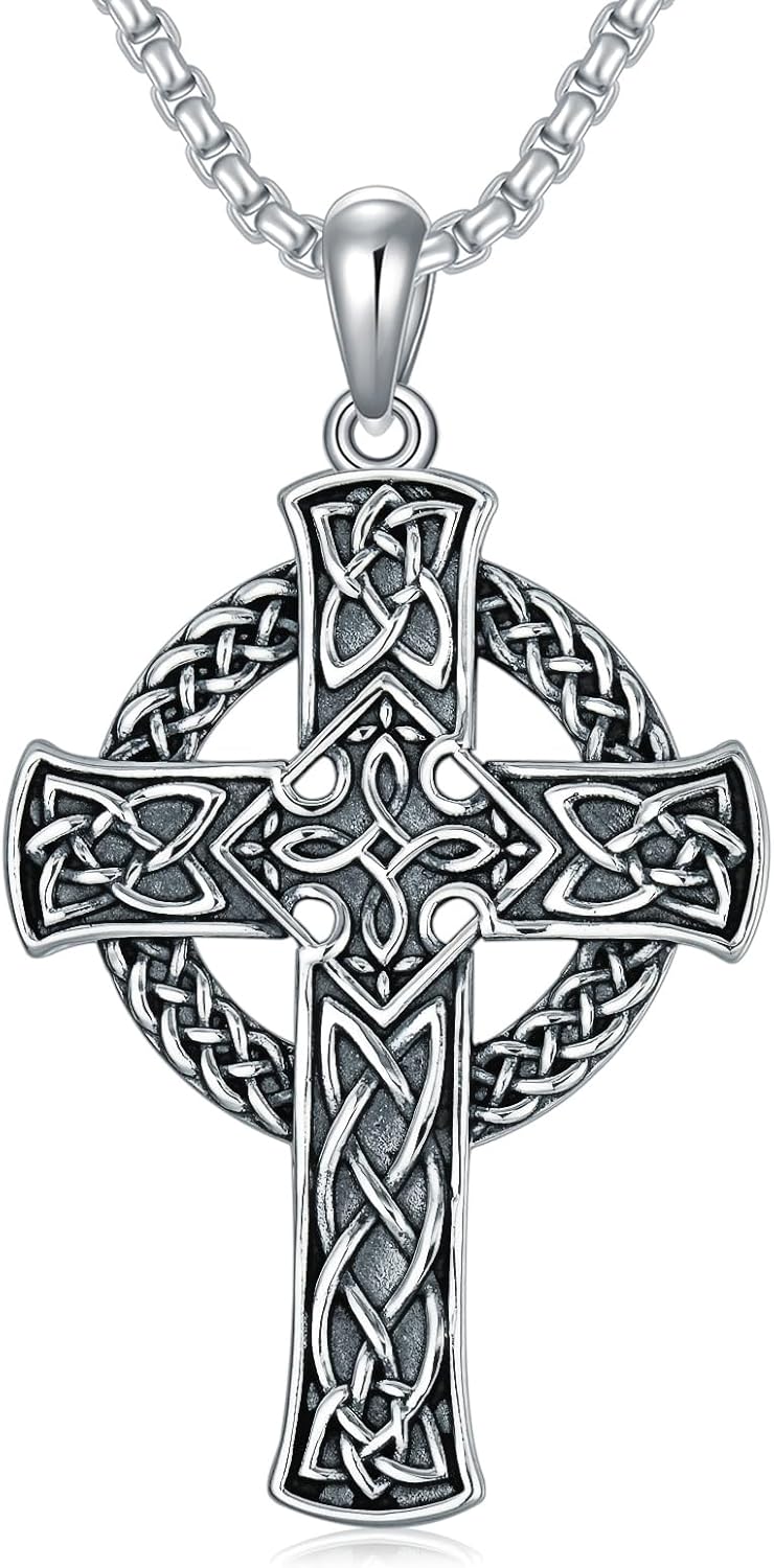 Celtic Cross Necklace For men Silver Cross Pendant Necklace Mens Celtic Cross Celtic Amulet Necklace Protection Jewelry Religious Gifts with 2.5mm 22"+2" Adjustable Rolo Chain