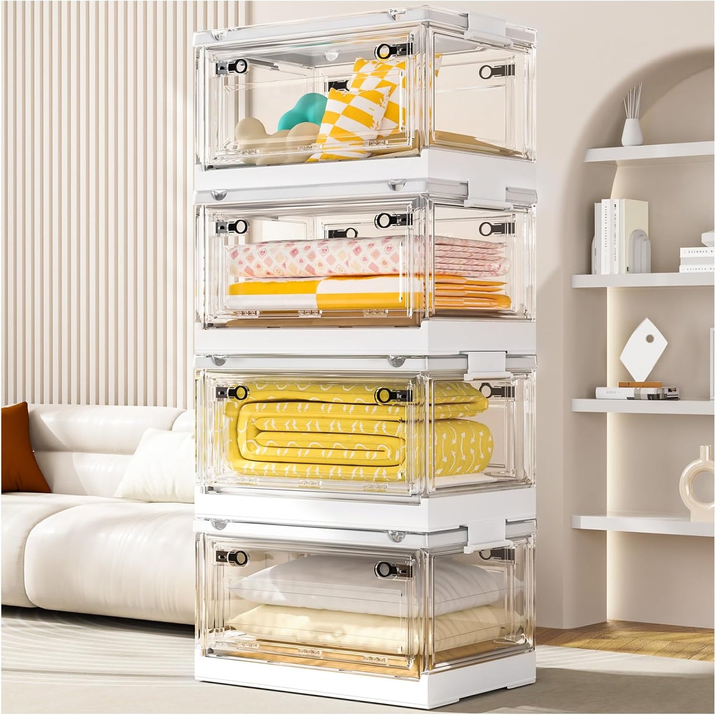 4 Tier Stackable Storage Bins with Lids, 23Qt Plastic Storage Containers with Magnetic Doors & Wheels, Collapsible Storage Bins Closet Organizers, Foldable Organization for Home, Party, Office, Dorm