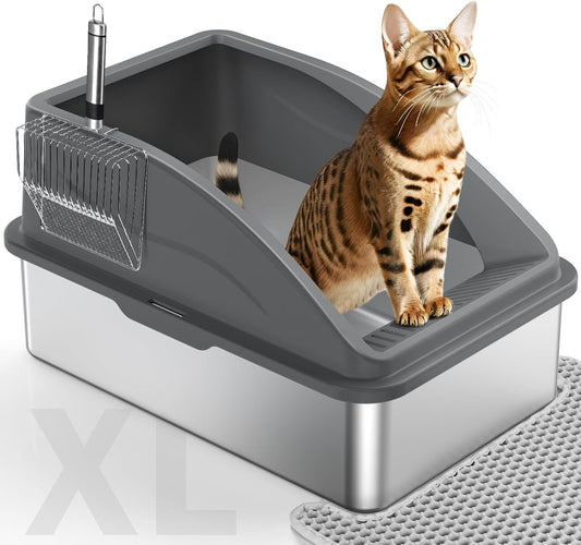 Stainless Steel Cat Litter Box, Extra Large Litter Boxes for Big Cats, Anti-Urine Leakage XL Litter Box with High Sides, Xlarge Metal Litter Box with Lid, Easy Clean, Non-Sticky, Cat Mat & Metal Scoop