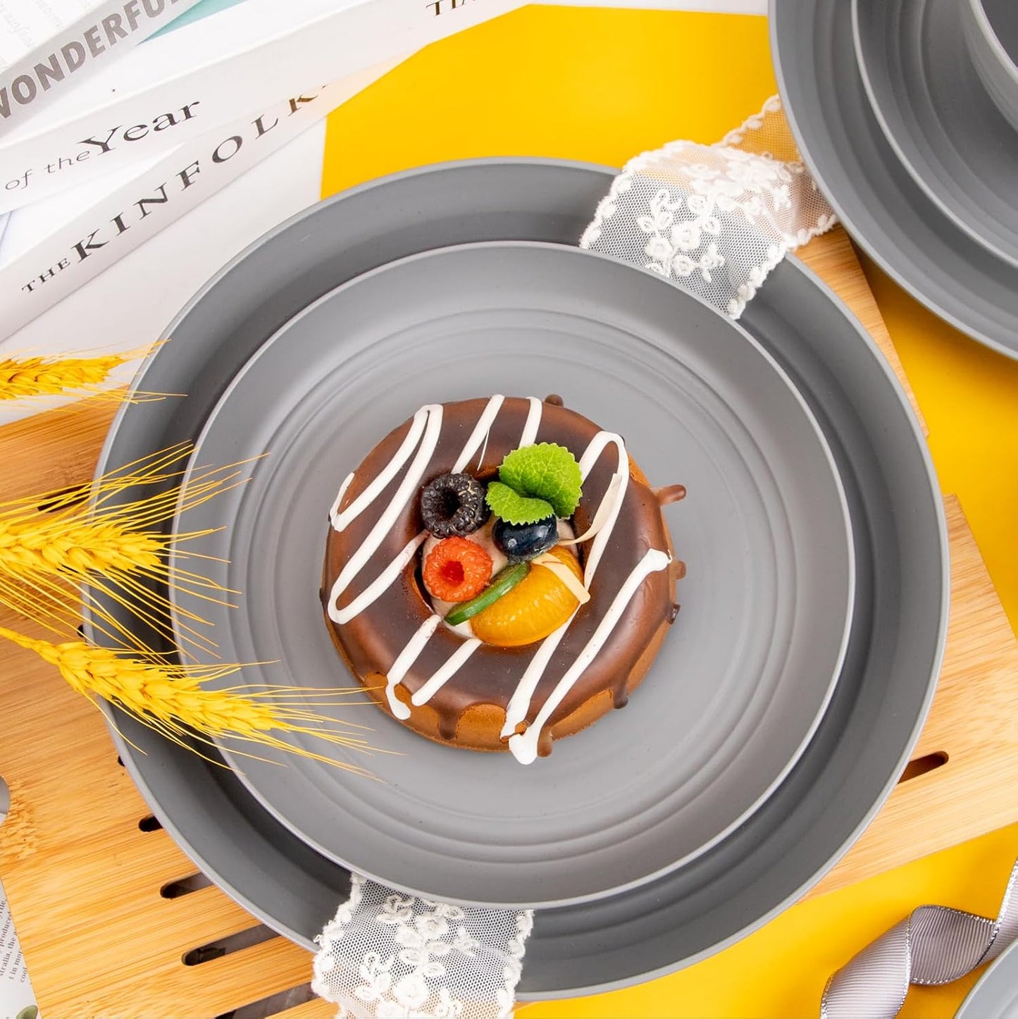 48pcs Grey Straw Dinnerware Set, Plates and Bowls Set, Camping Dish Set for 12, Plastic Dinnerware Set, Dishwasher Safe Dinnerware Set, Unbreakable Plates, Camper Dish Sets, Reusable Tableware