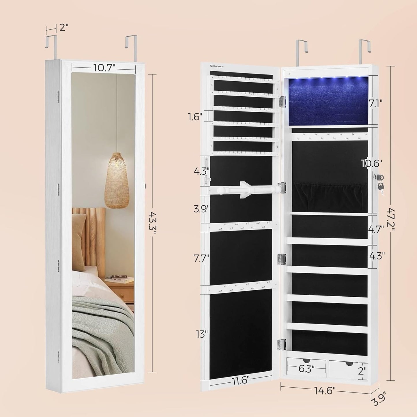 6 LEDs Mirror Jewelry Cabinet, 47.2-Inch Tall Lockable Wall or Door Mounted Jewelry Armoire Organizer with Mirror, 2 Drawers, 3.9 x 14.6 x 47.2 Inches