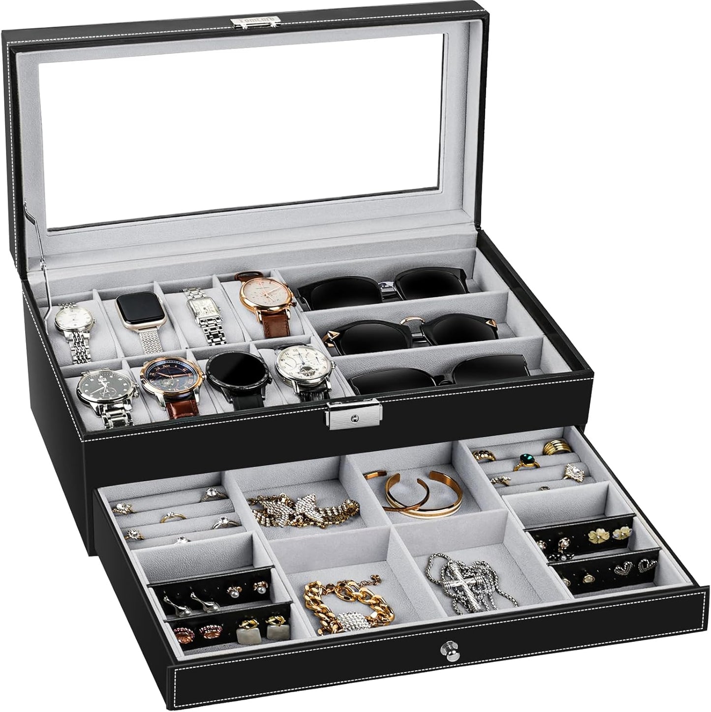 Watch Box Watch Case Watch Holder Organizer Jewelry Case Drawer Sunglasses Display Box Storage Earrings Storage Organizer Lockable with Glass Top and PU Leather for Men Women (All Black)