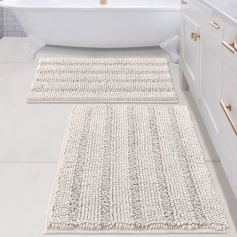 Black Bathroom Rug Set Extra Thick Striped Bath Mats for Bathroom Floor 2 Piece, Anti-Slip Bath Mat Set Soft Plush Chenille Shower Rugs for Bathroom Waterproof (20" x 32"/17" x 24")