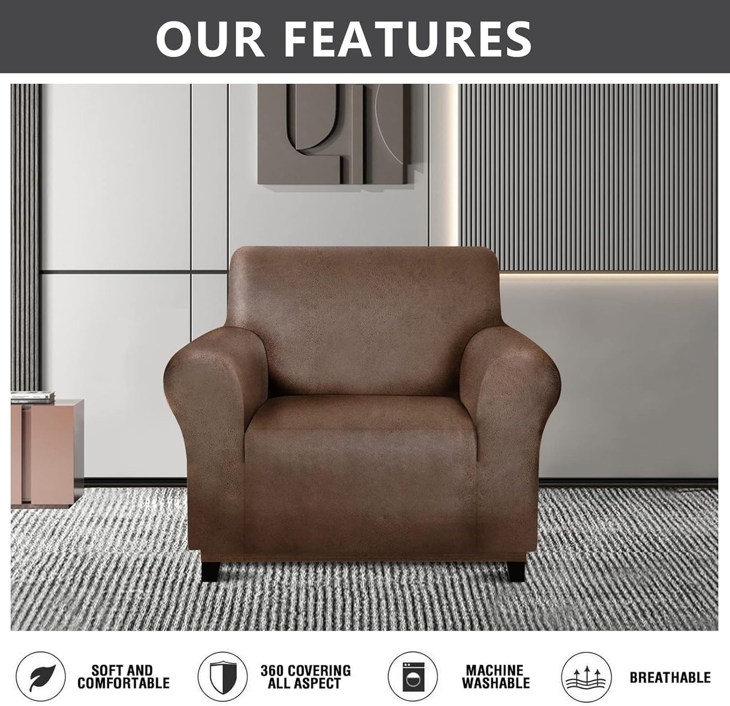 Single Sofa Cover for Home Décor, Super Soft Leather-Like Spandex Armchair Slipcover, Washable Non-Slip 1-Piece Chair Cover (Oversized Chair,Dark Brown)