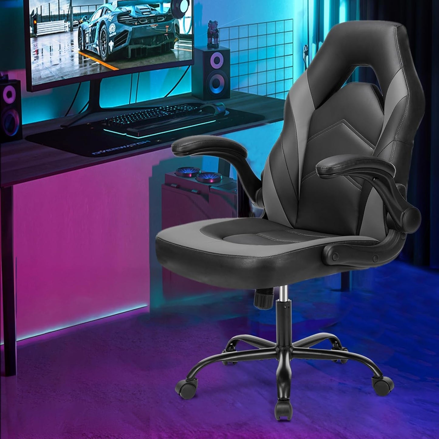 Computer Gaming Desk Chair - Ergonomic PU Leather with Comfy Lumbar Support, Height Adjustable Rolling Desk with Flip-up Armrests, for Home and Office