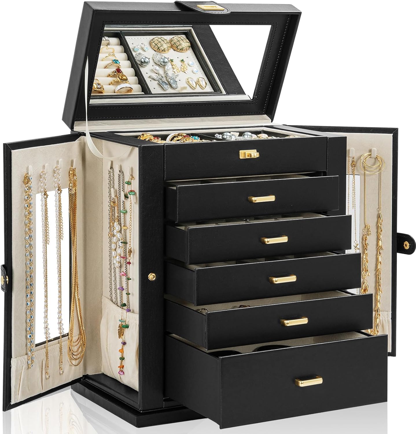 Jewelry Box Organizer Functional Leather Jewelry Storage Case for Women Girls Ring Necklace Earring Bracelet Holder Organizer with Mirror Black