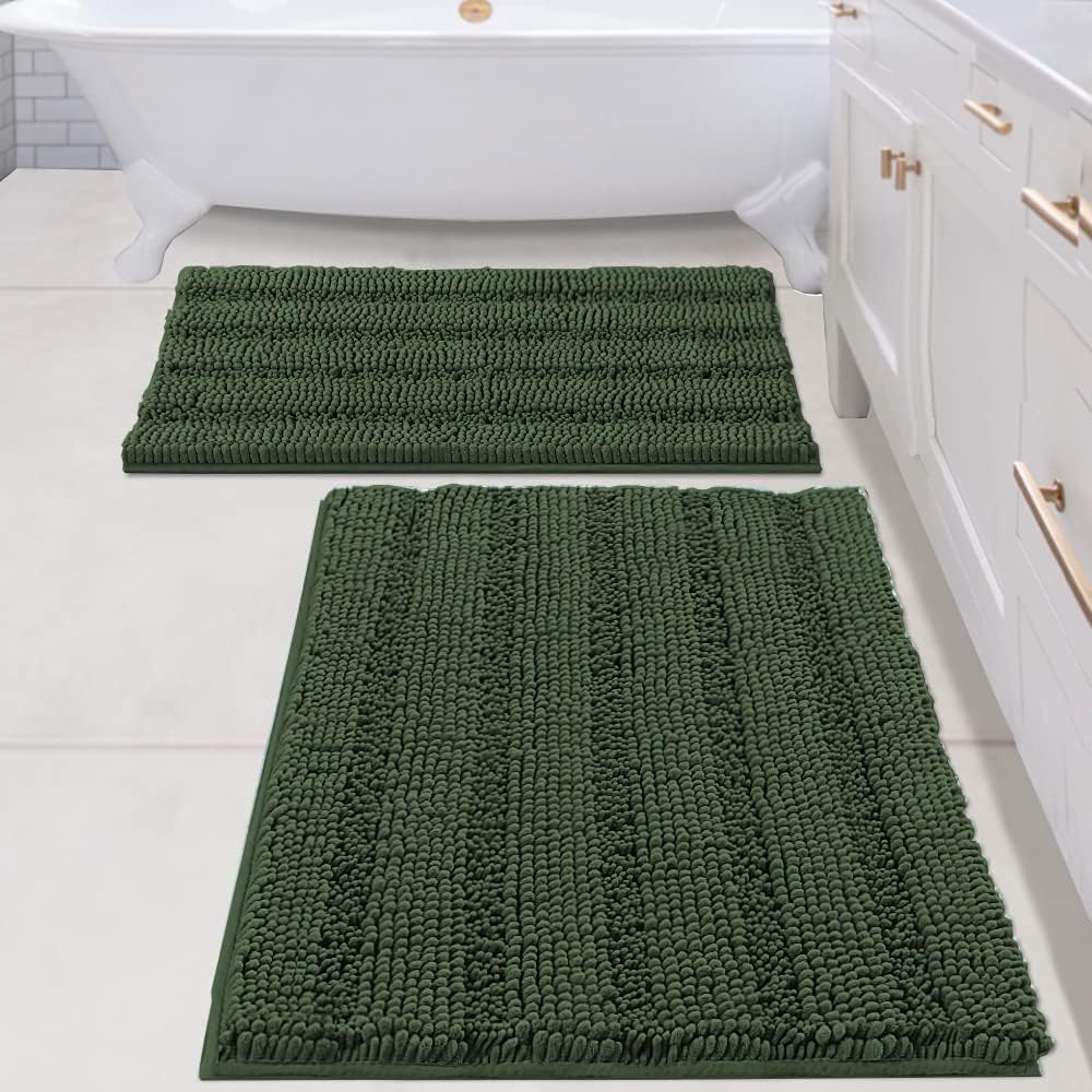 Black Bathroom Rug Set Extra Thick Striped Bath Mats for Bathroom Floor 2 Piece, Anti-Slip Bath Mat Set Soft Plush Chenille Shower Rugs for Bathroom Waterproof (20" x 32"/17" x 24")