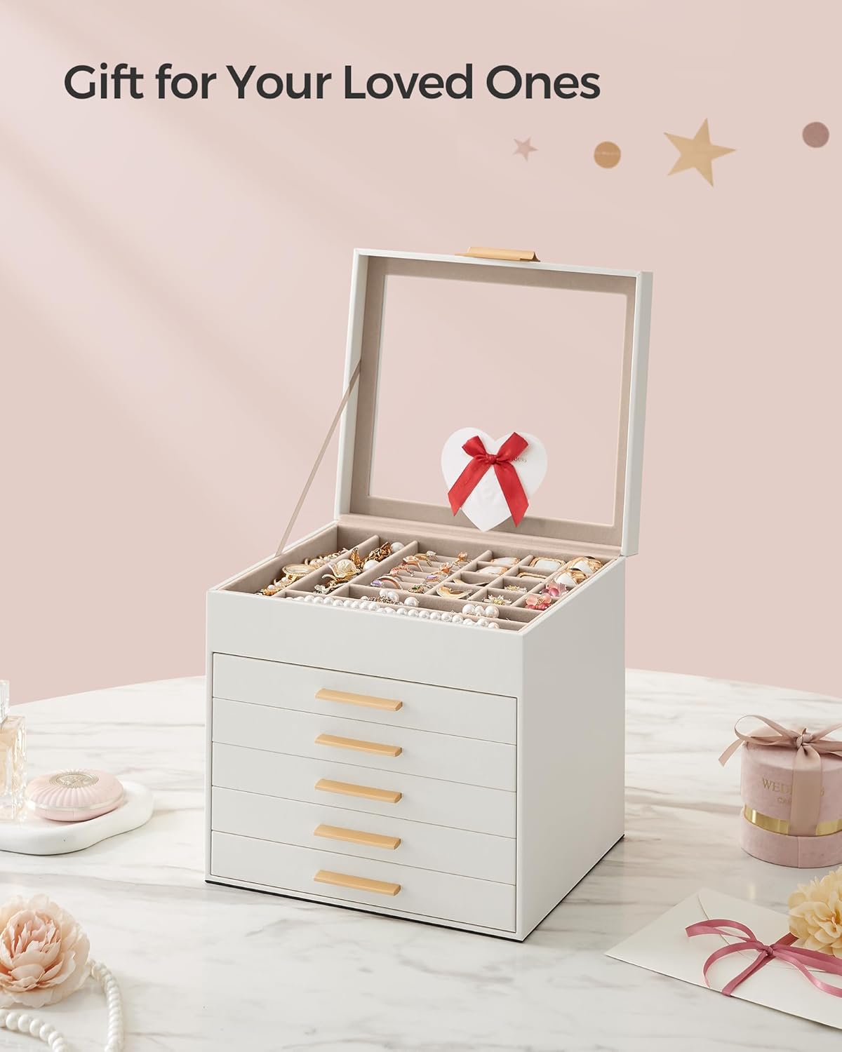 Jewelry Box with Glass Lid, 6-Layer Jewelry Organizer, 5 Drawers, for Big and Small Jewelry, Jewelry Storage, Modern Style, 8 x 9.1 x 9 Inches, Cloud White and Gold Color UJBC176W01