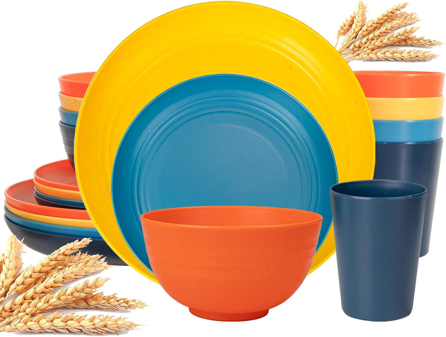 48pcs Grey Straw Dinnerware Set, Plates and Bowls Set, Camping Dish Set for 12, Plastic Dinnerware Set, Dishwasher Safe Dinnerware Set, Unbreakable Plates, Camper Dish Sets, Reusable Tableware
