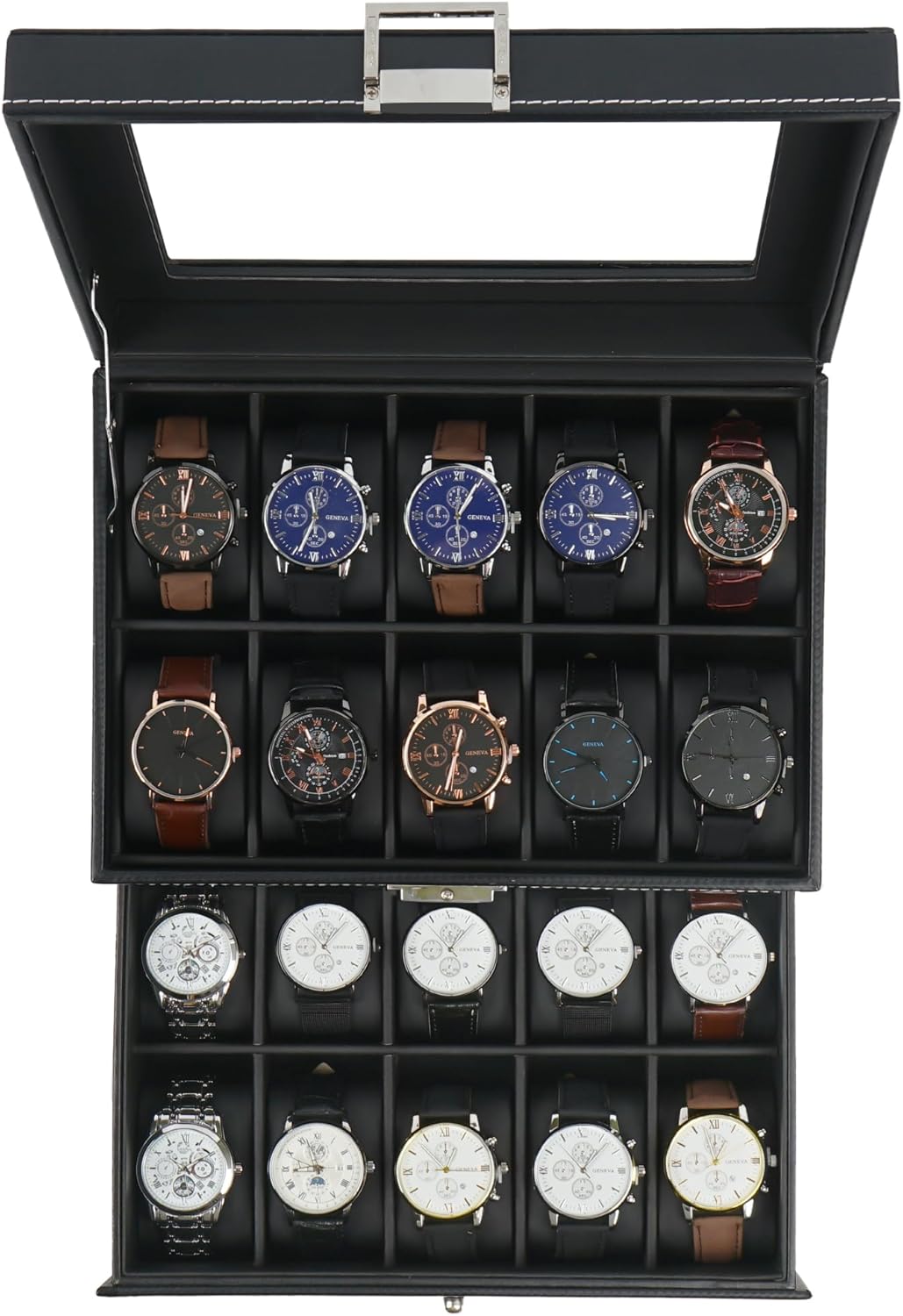 12 Slot Watch Case,2 Layers Watch Box Organizer with Large Glass Lid, Lockable Leather Watch Holder Display Case Storage with Jewelry Organizer Holder Drawer, Ideal Gift for Men Women, Black