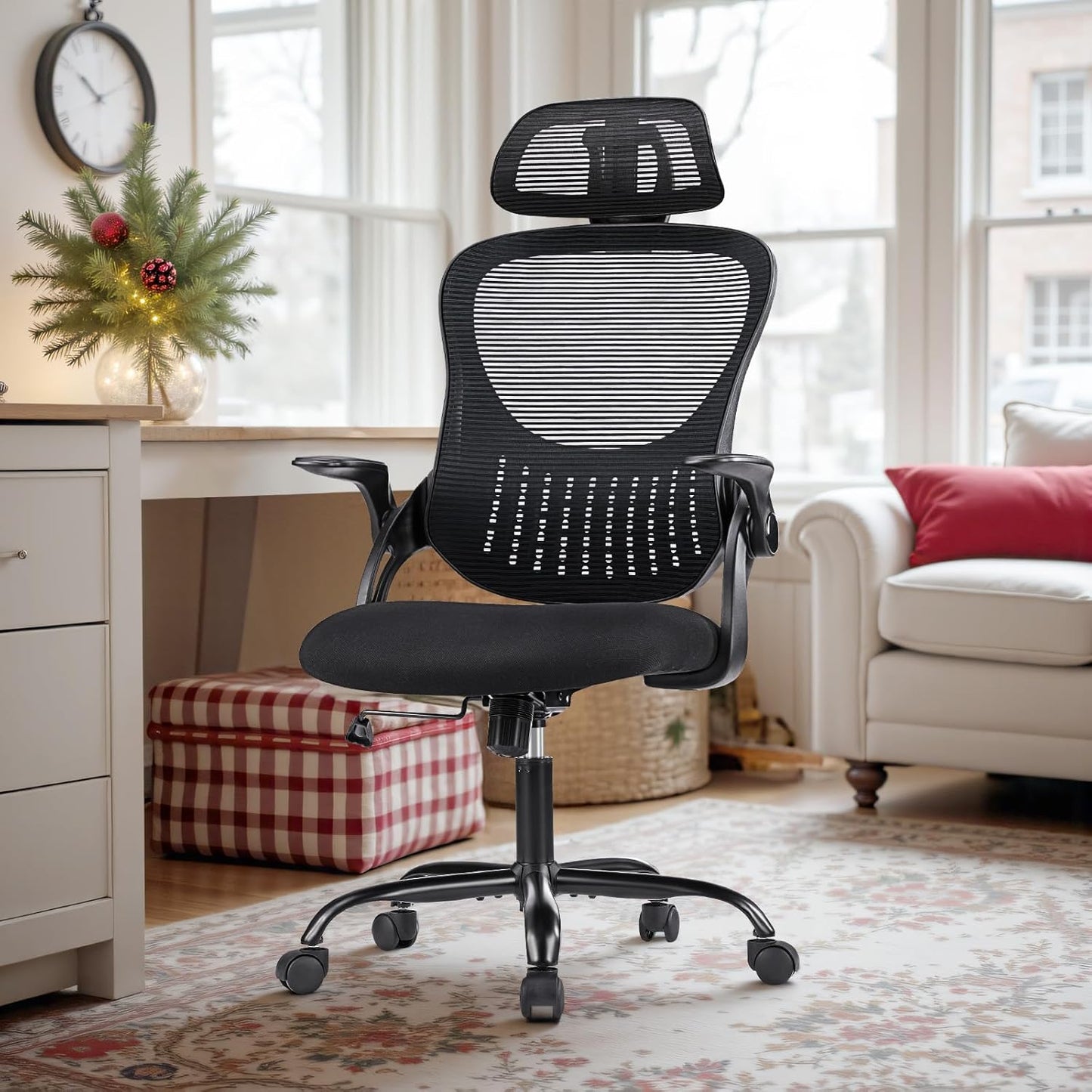 Home Office Desk Chair, Ergonomic Computer Managerial Executive Chairs High-Back Work Swivel Task Chairs with Wheels, Lumbar Support, Comfy Flip-up Armrest for Gaming, Study, Student, Black