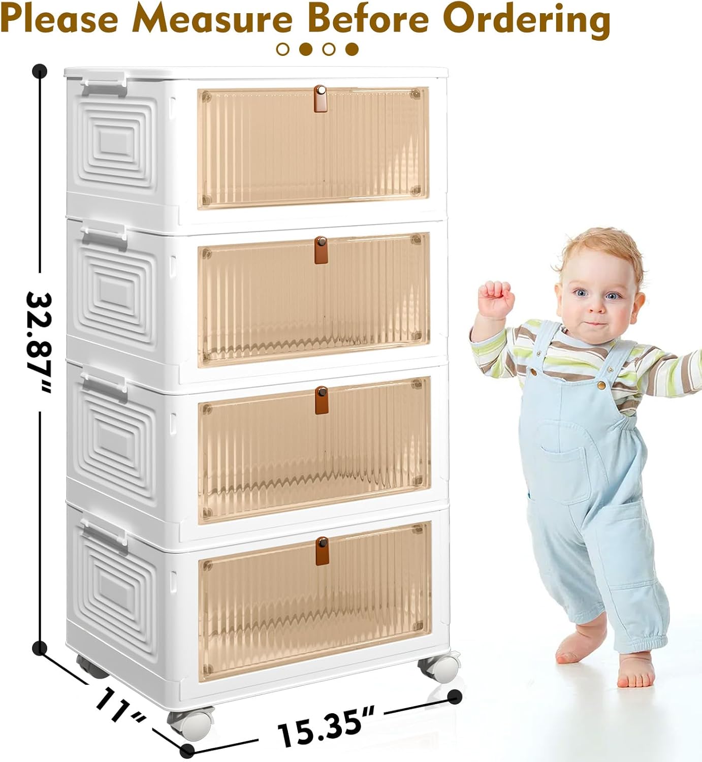 4 Tier Stackable Storage Bins with Lids, 23Qt Plastic Storage Containers with Magnetic Doors & Wheels, Collapsible Storage Bins Closet Organizers, Foldable Organization for Home, Party, Office, Dorm
