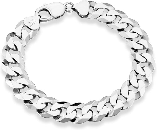 925 Sterling Silver Italian 12mm Solid Diamond-Cut Cuban Link Curb Chain Bracelet, Jewelry For Men Made in Italy