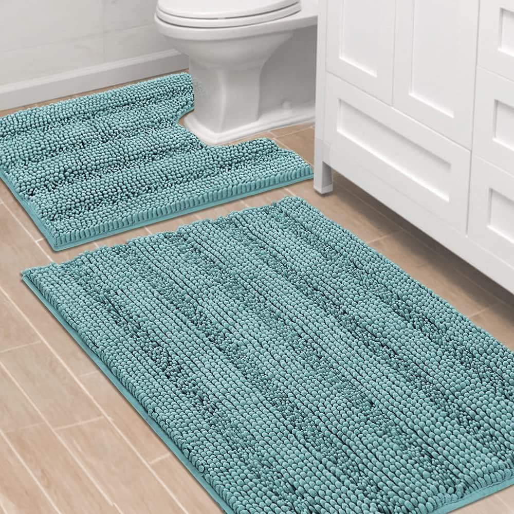 Black Bathroom Rug Set Extra Thick Striped Bath Mats for Bathroom Floor 2 Piece, Anti-Slip Bath Mat Set Soft Plush Chenille Shower Rugs for Bathroom Waterproof (20" x 32"/17" x 24")