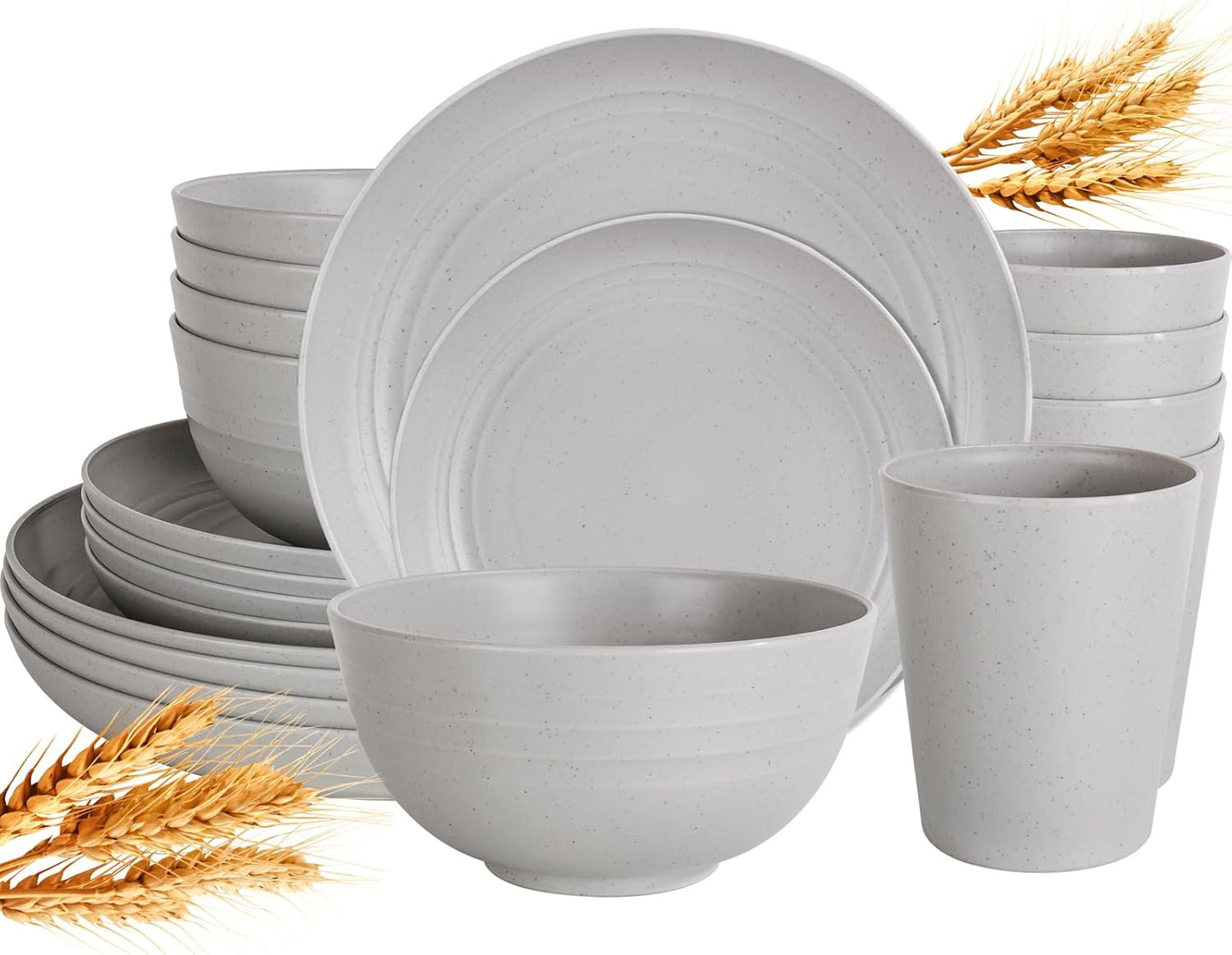 48pcs Grey Straw Dinnerware Set, Plates and Bowls Set, Camping Dish Set for 12, Plastic Dinnerware Set, Dishwasher Safe Dinnerware Set, Unbreakable Plates, Camper Dish Sets, Reusable Tableware