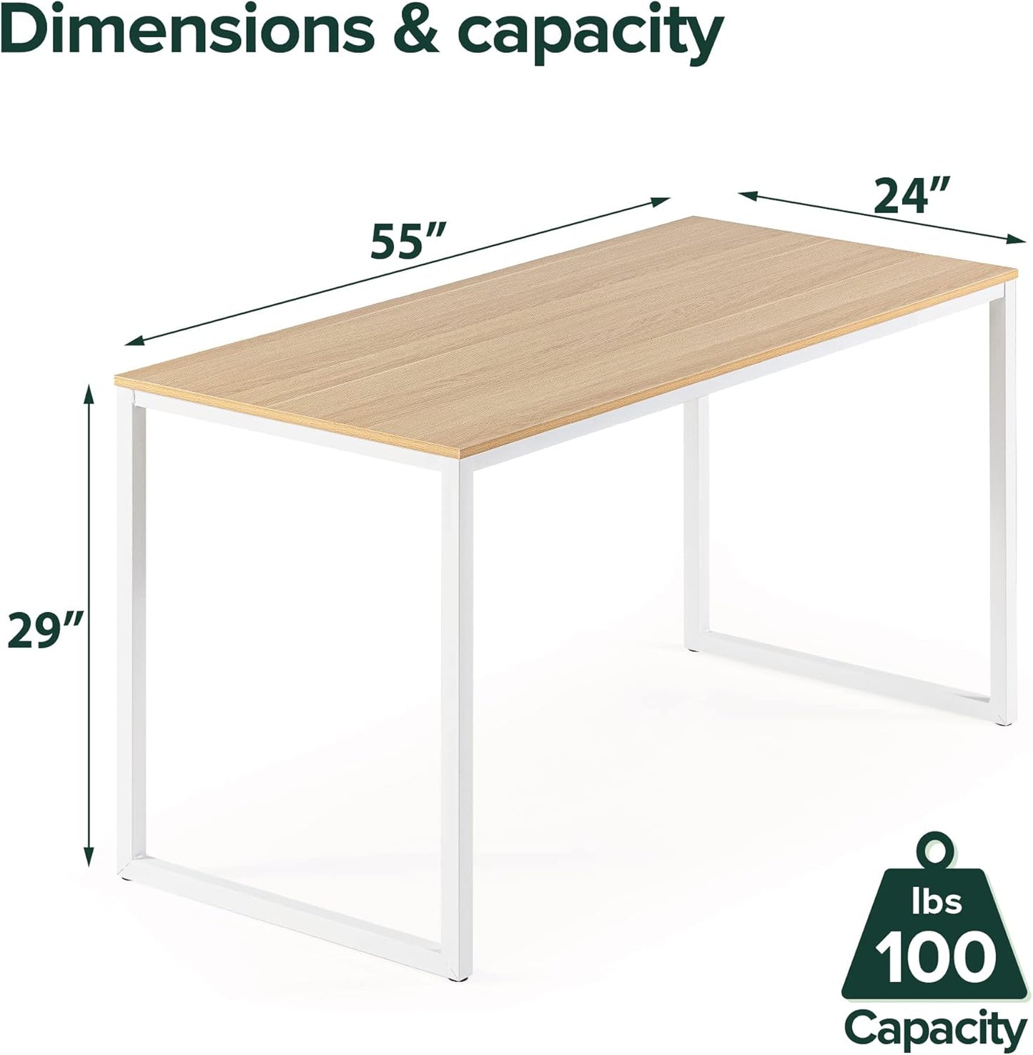 55 Inch White Frame Desk, Computer Workstation, Office Desk, Dining Table, Easy Assembly, Natural