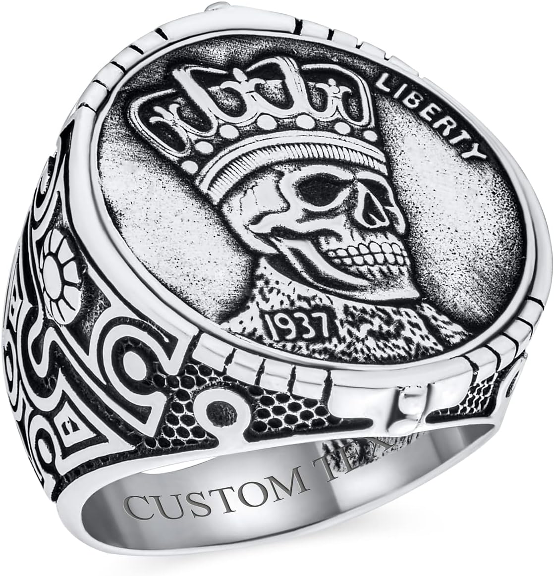 Personalize Large Mens Punk Rocker Biker Jewelry Halloween Devil Demon Gothic Caribbean Pirate Day Of Dead Simulated Red Ruby CZ Eyes Skull Head Signet Ring For Men Oxidized .925 Sterling Silver