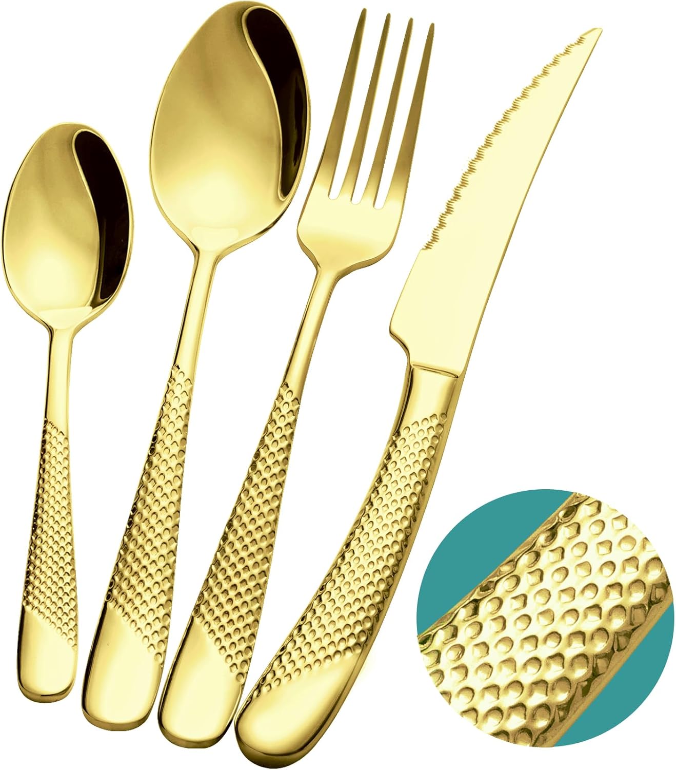 16-Piece Modern Hammered Cutlery Set with Ultra Sharp 2-in-1 Serrated Knife, 18/10 Stainless Steel Silverware Set, Flatware Set Service for 4, Tableware Utensil Set, Forks Spoons Knives Set
