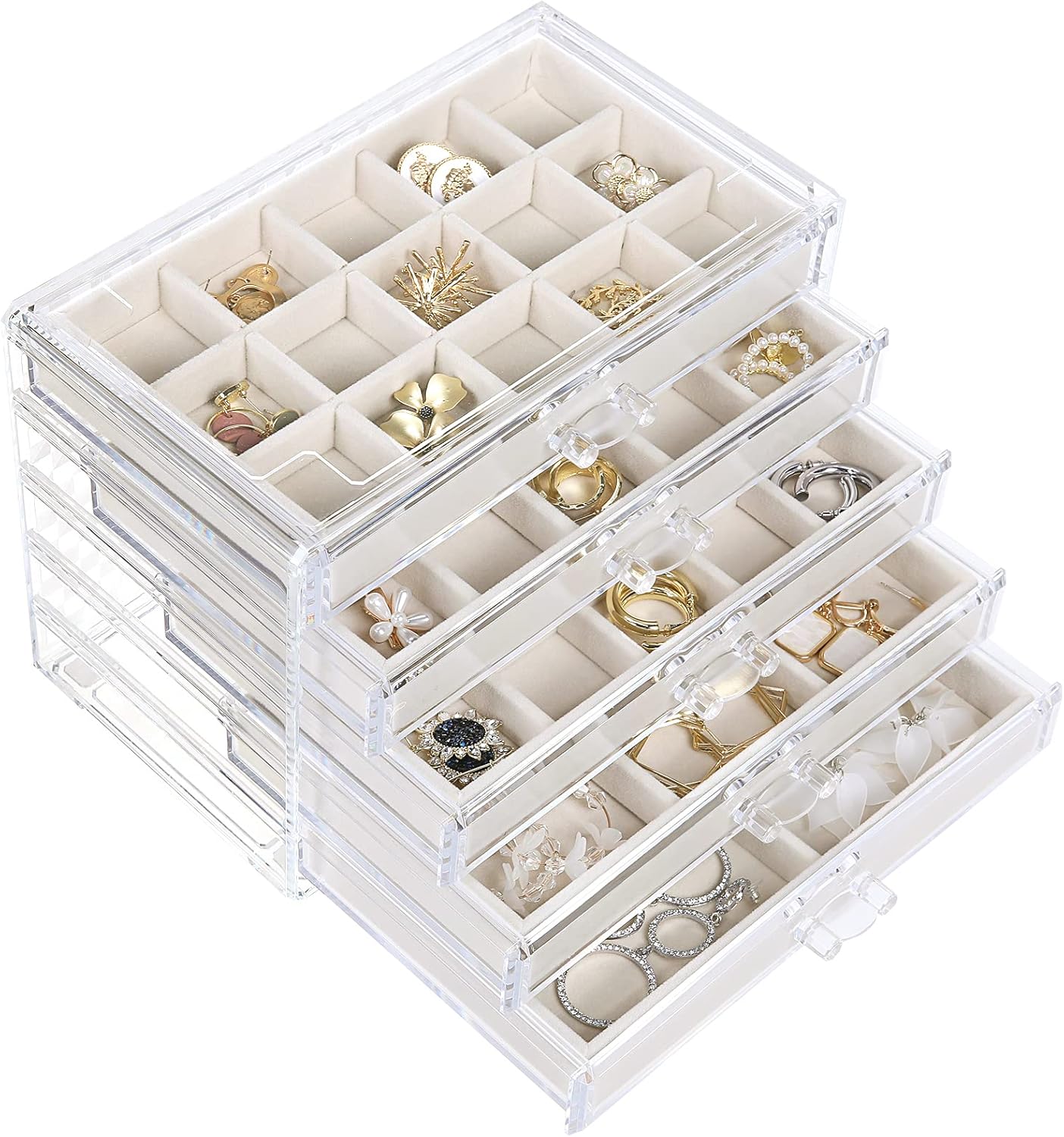 Earring Jewelry Organizer with 5 Drawers, Birthday Present, Clear Acrylic Jewelry Box for Women, Velvet Earring Display Holder for Earrings Ring Bracelet Necklace, Cream