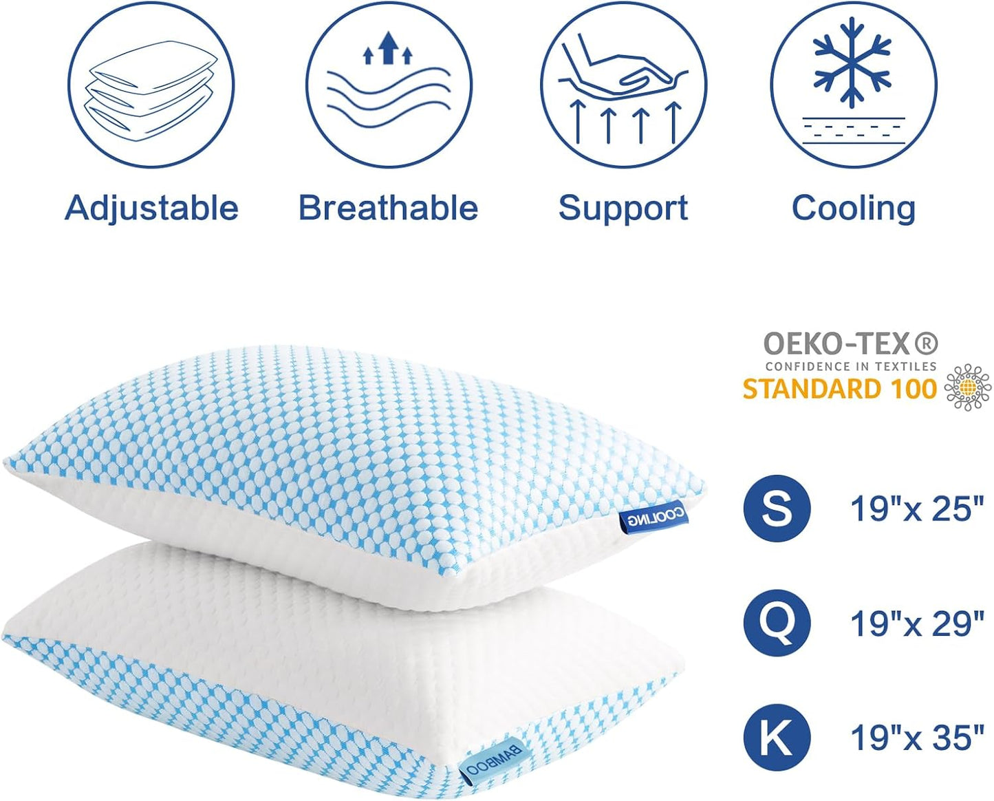 Firm Pillow Shredded Memory Foam(Adjustable Loft), Cooling Breathable for Sleeping Queen Size 2 Pack