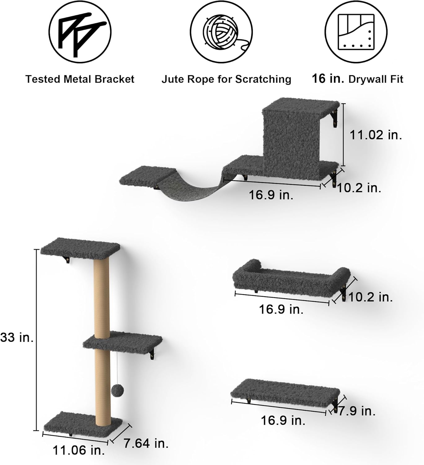 Cat Wall Shelves, Stable & Safe 4 in 1 Cat Wall Furniture Set, Wooden Cat Climbing Wall with Scratching Post for 16 Inch Drywall - Gray