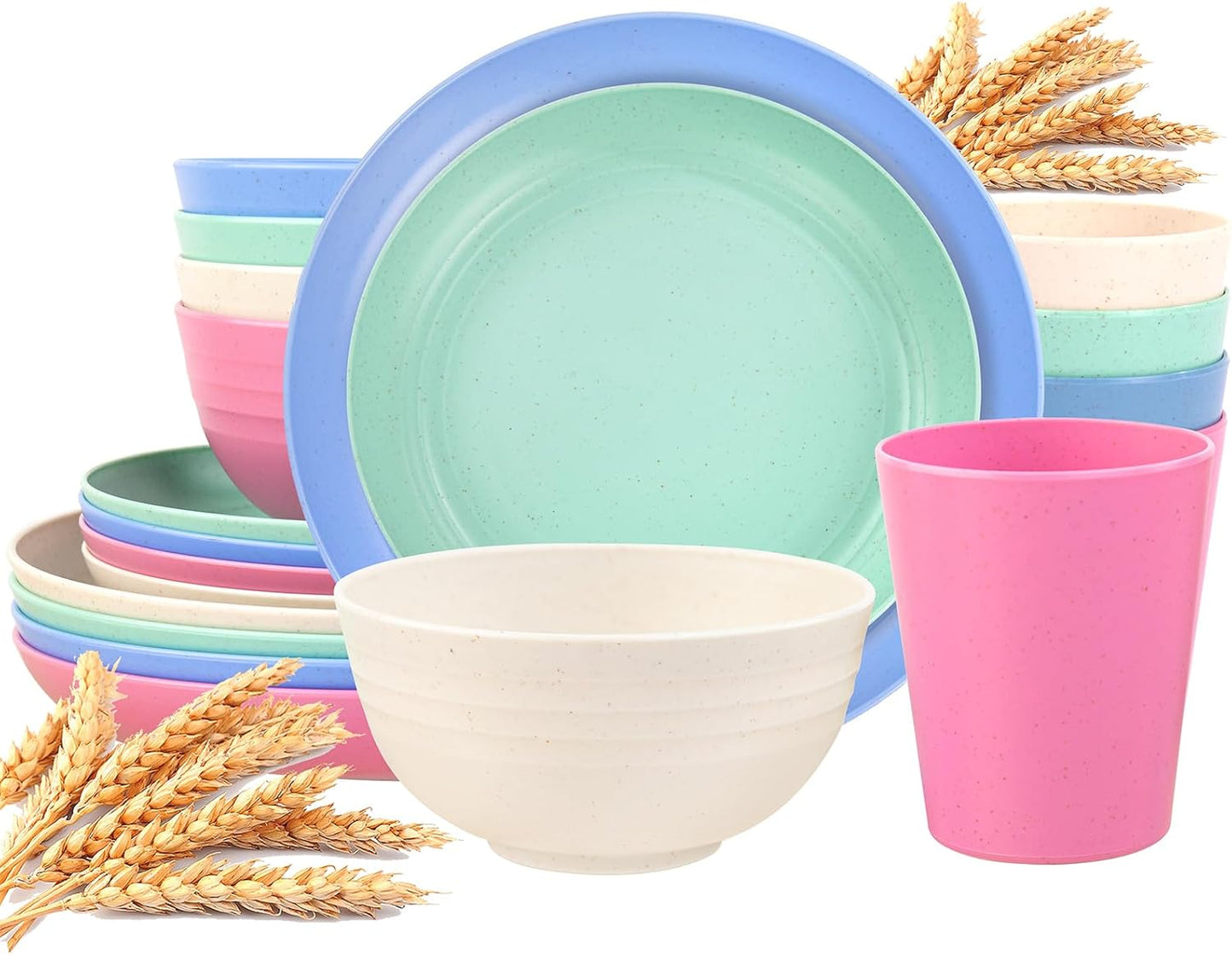 48pcs Grey Straw Dinnerware Set, Plates and Bowls Set, Camping Dish Set for 12, Plastic Dinnerware Set, Dishwasher Safe Dinnerware Set, Unbreakable Plates, Camper Dish Sets, Reusable Tableware