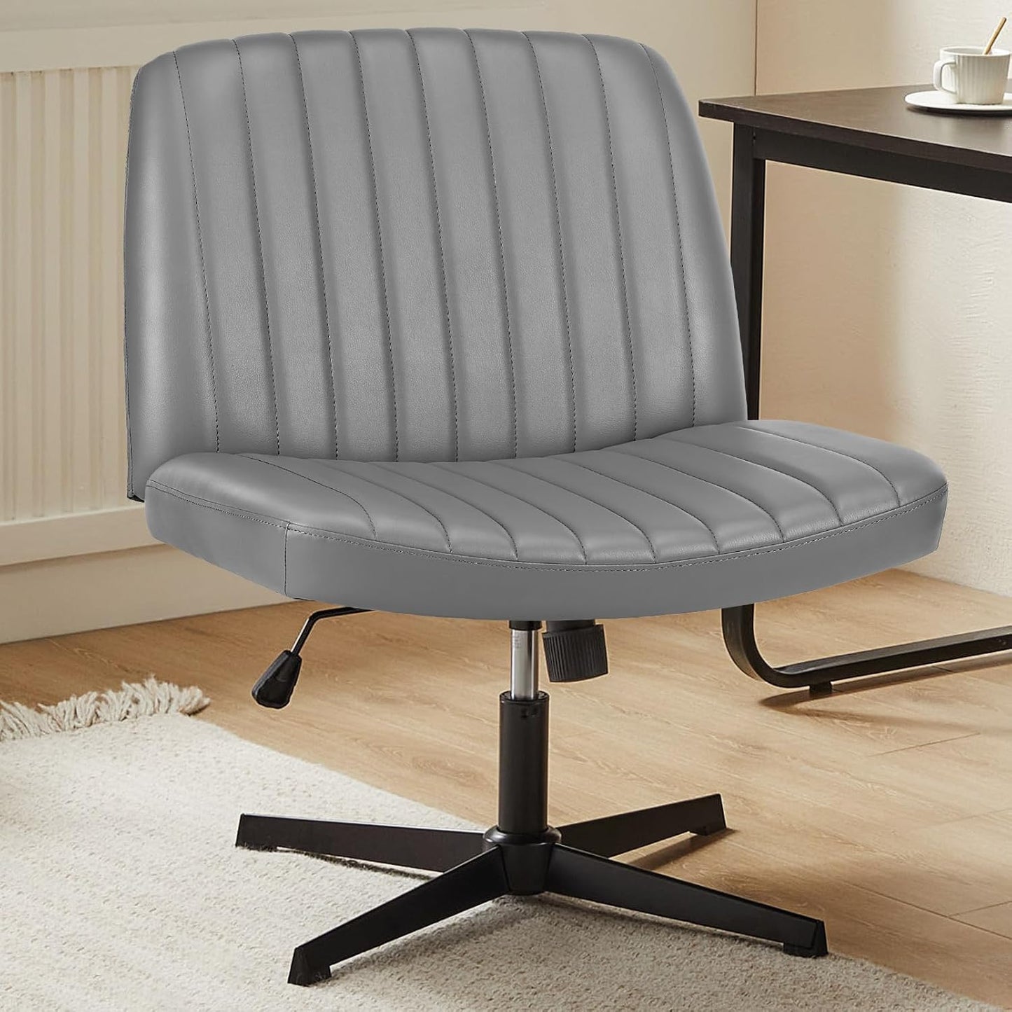 Criss Cross Chair Legged, Armless Office Desk Chair No Wheels, Swivel Vanity Chair, Height Adjustable Wide Seat Computer Task Chair, Fabric Vanity Modern Home Chair Blue