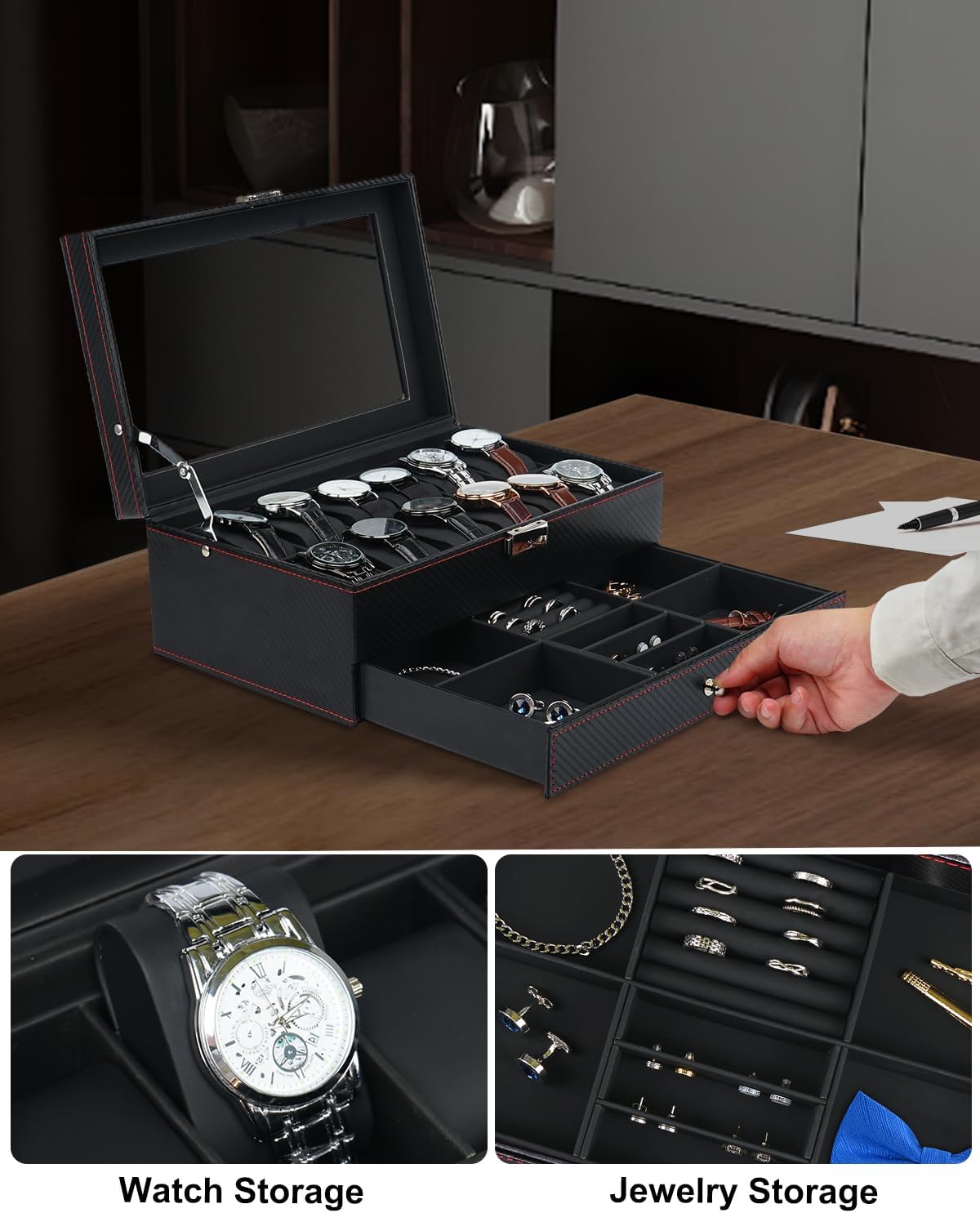 12 Slot Watch Case,2 Layers Watch Box Organizer with Large Glass Lid, Lockable Leather Watch Holder Display Case Storage with Jewelry Organizer Holder Drawer, Ideal Gift for Men Women, Black
